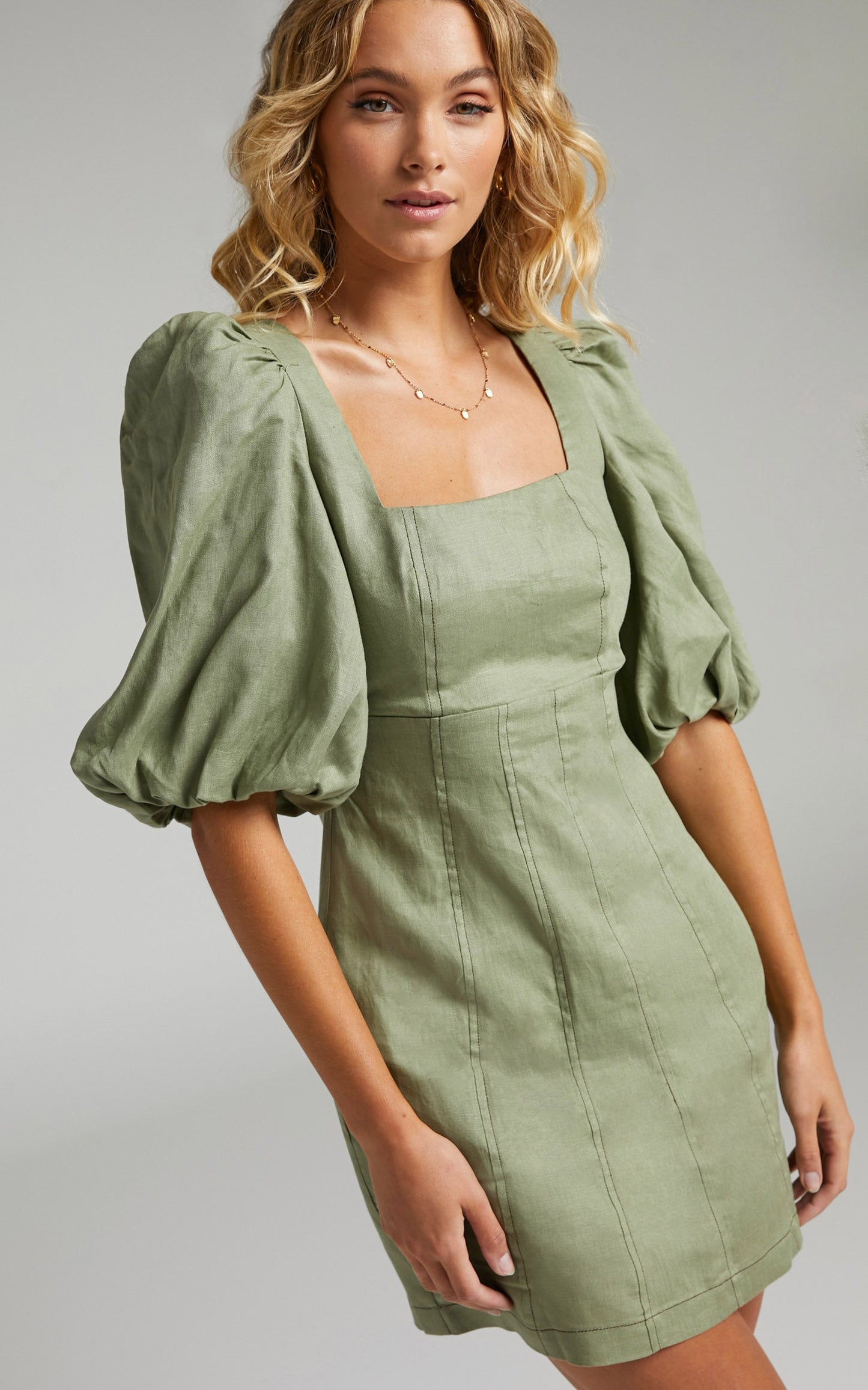 Amalie The Label - Edlynne Linen Square Neck Open Back Puff Sleeve Mini Linen Dress in Khaki