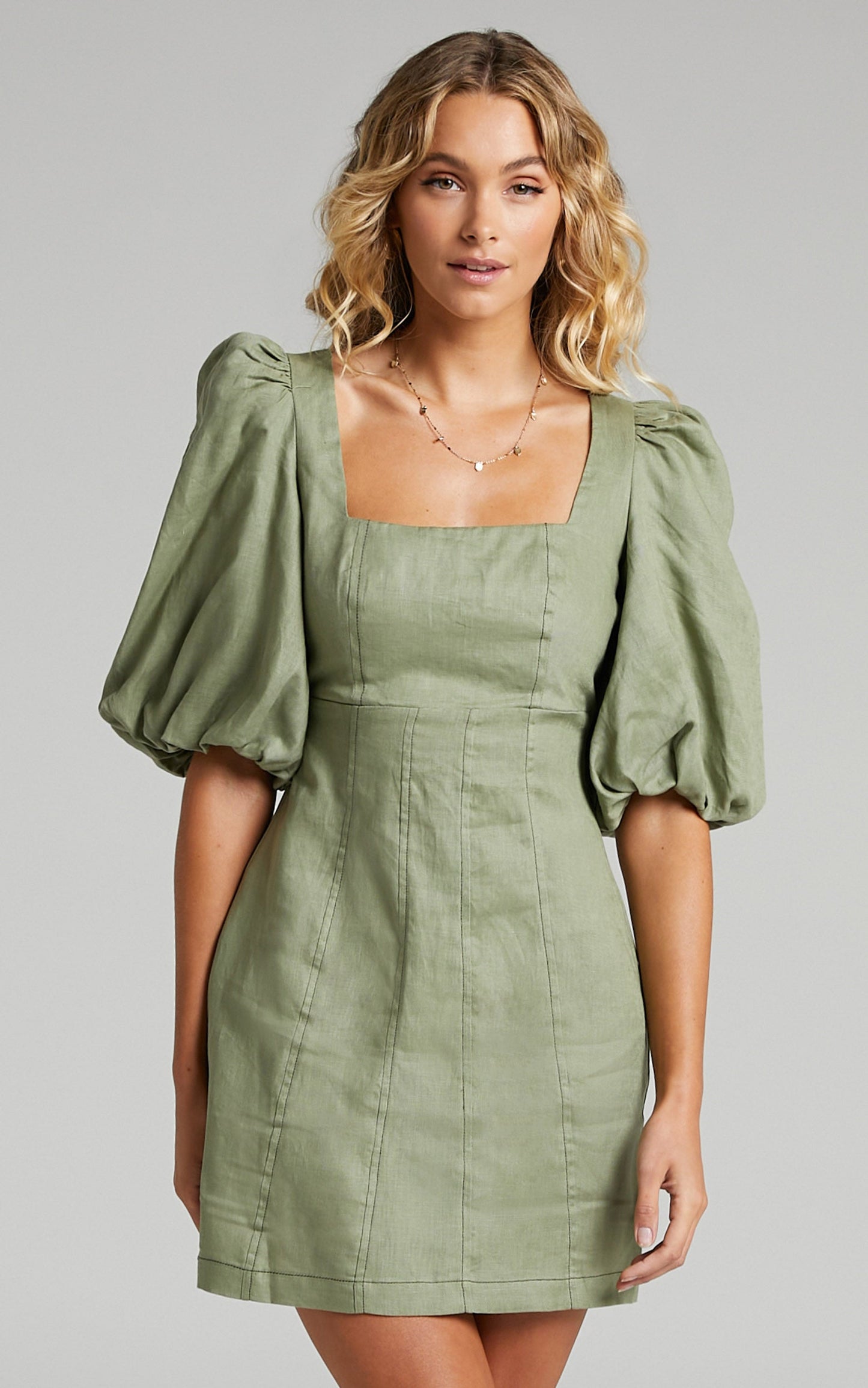 Amalie The Label - Edlynne Linen Square Neck Open Back Puff Sleeve Mini Linen Dress in Khaki