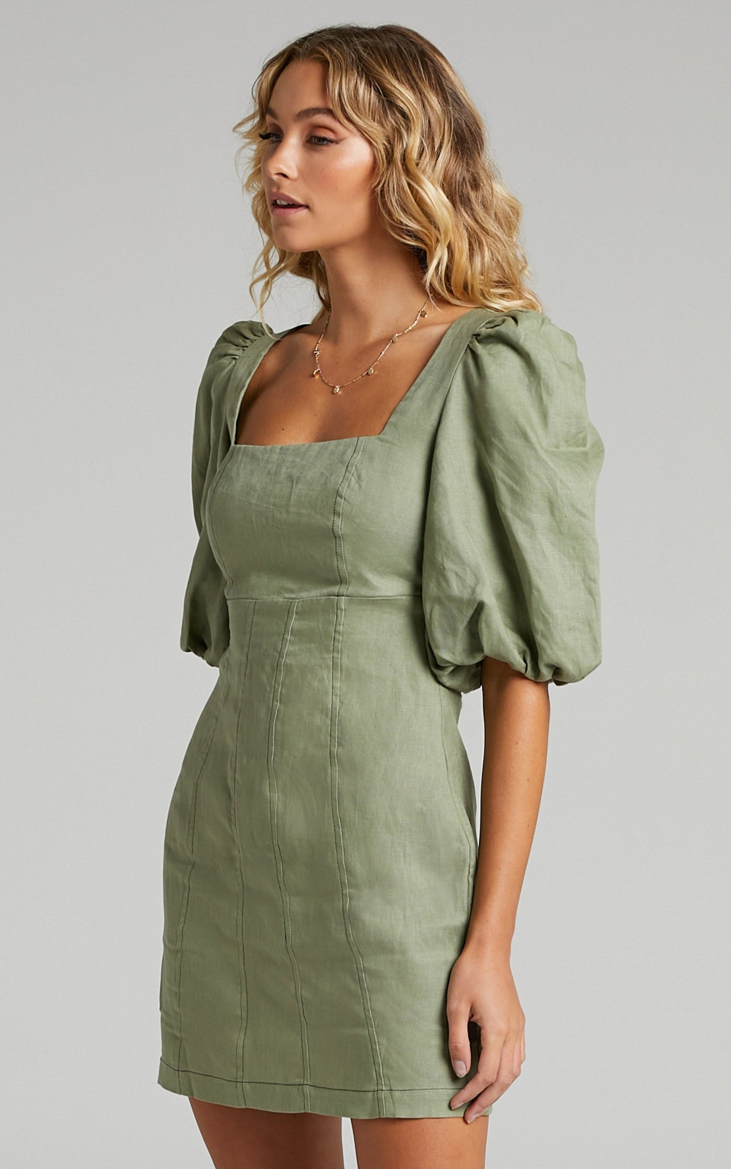 Amalie The Label - Edlynne Linen Square Neck Open Back Puff Sleeve Mini Linen Dress in Khaki