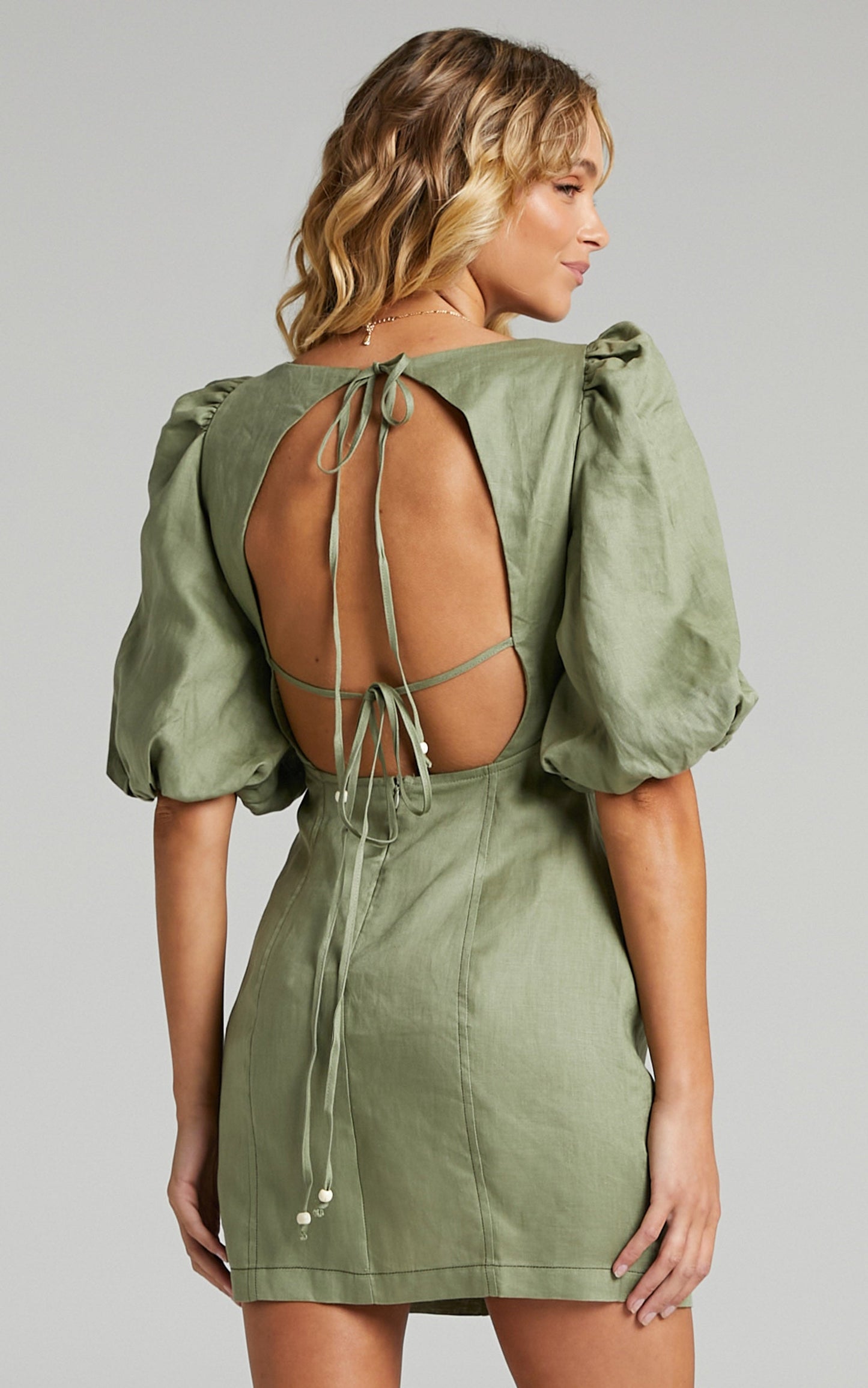 Amalie The Label - Edlynne Linen Square Neck Open Back Puff Sleeve Mini Linen Dress in Khaki