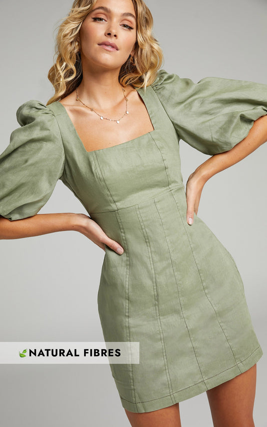 Amalie The Label - Edlynne Linen Square Neck Open Back Puff Sleeve Mini Linen Dress in Khaki
