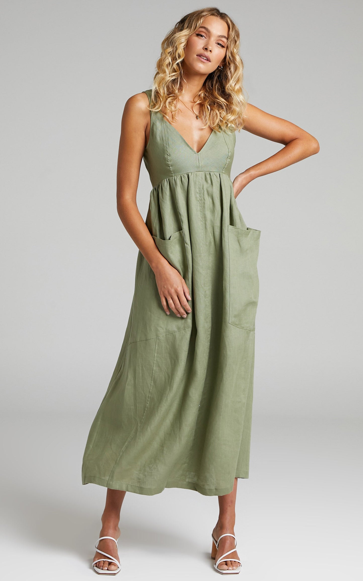 Amalie The Label - Edlynne Linen Topstitched Open Back Midi Linen Dress in Khaki