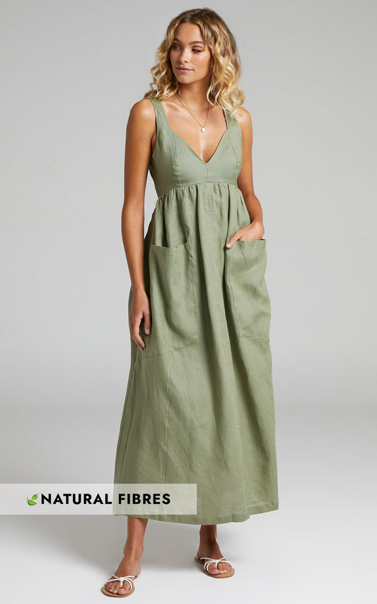 Amalie The Label - Edlynne Linen Topstitched Open Back Midi Linen Dress in Khaki