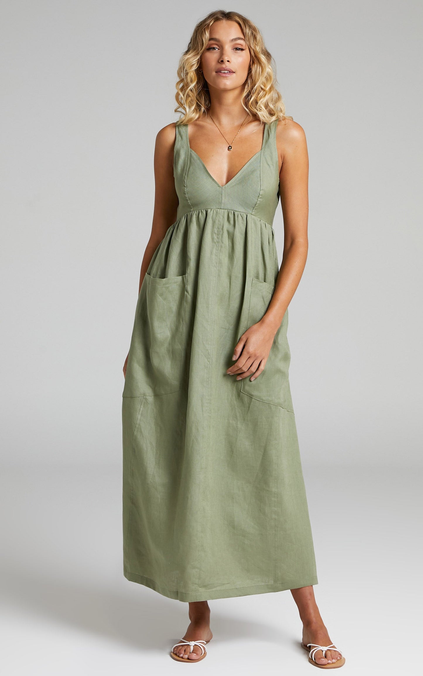 Amalie The Label - Edlynne Linen Topstitched Open Back Midi Linen Dress in Khaki