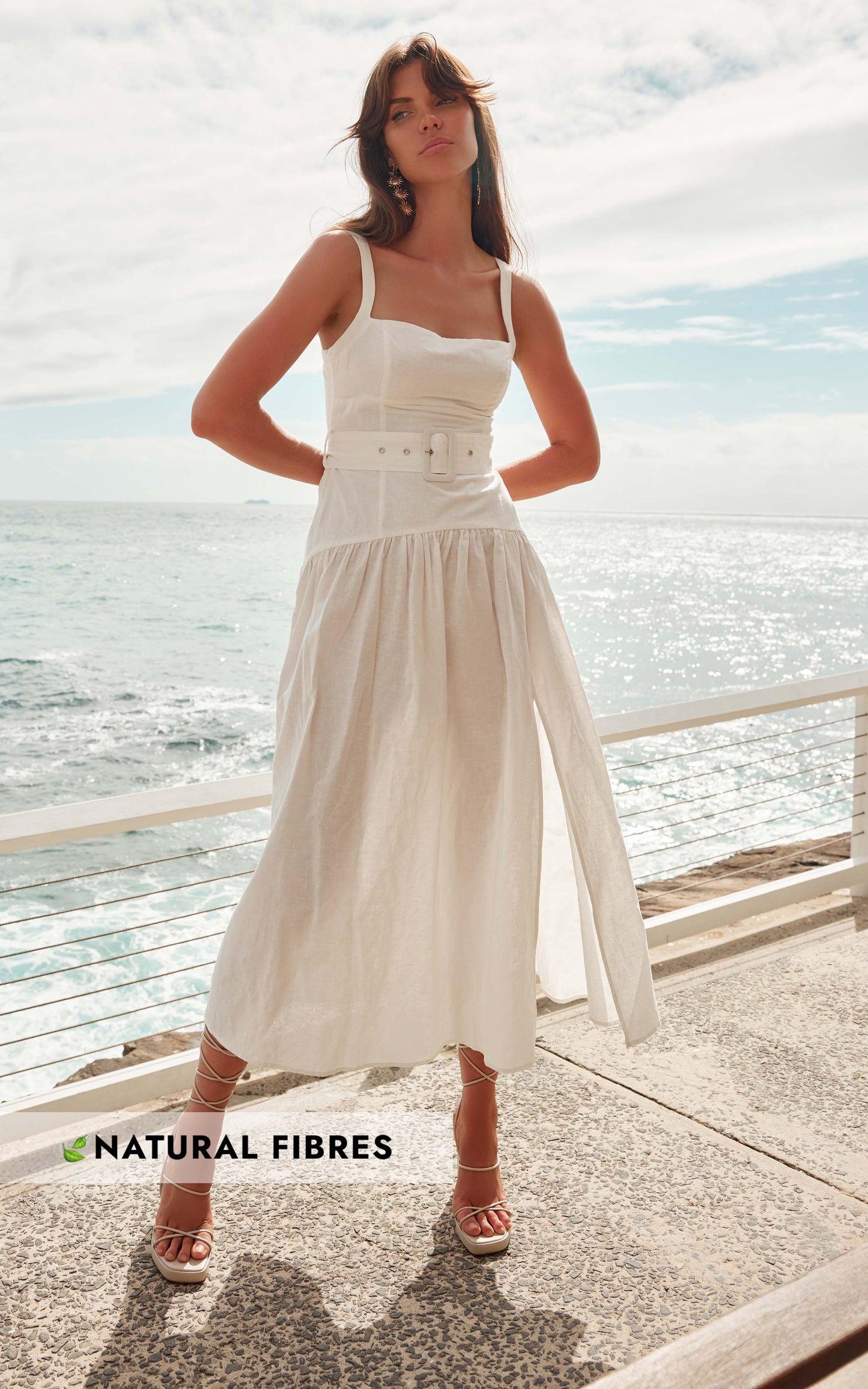 Amalie The Label - Elinora Linen Look Blend Belted Panelled Midi Dress in White