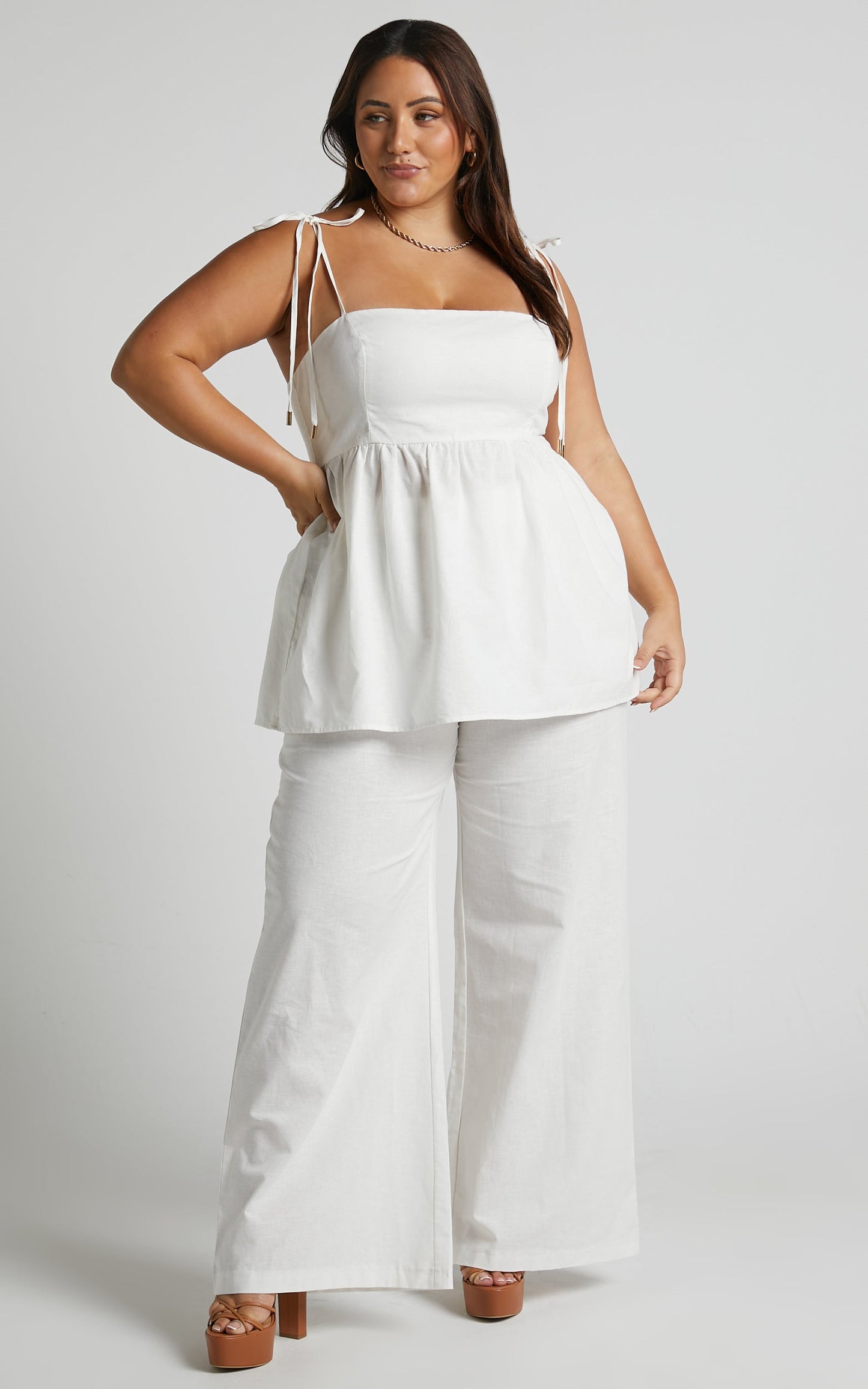 Amalie The Label - Ellah Linen Look Blend Tie Shoulder Peplum Top and Wide Leg Pants Two Piece Set in White