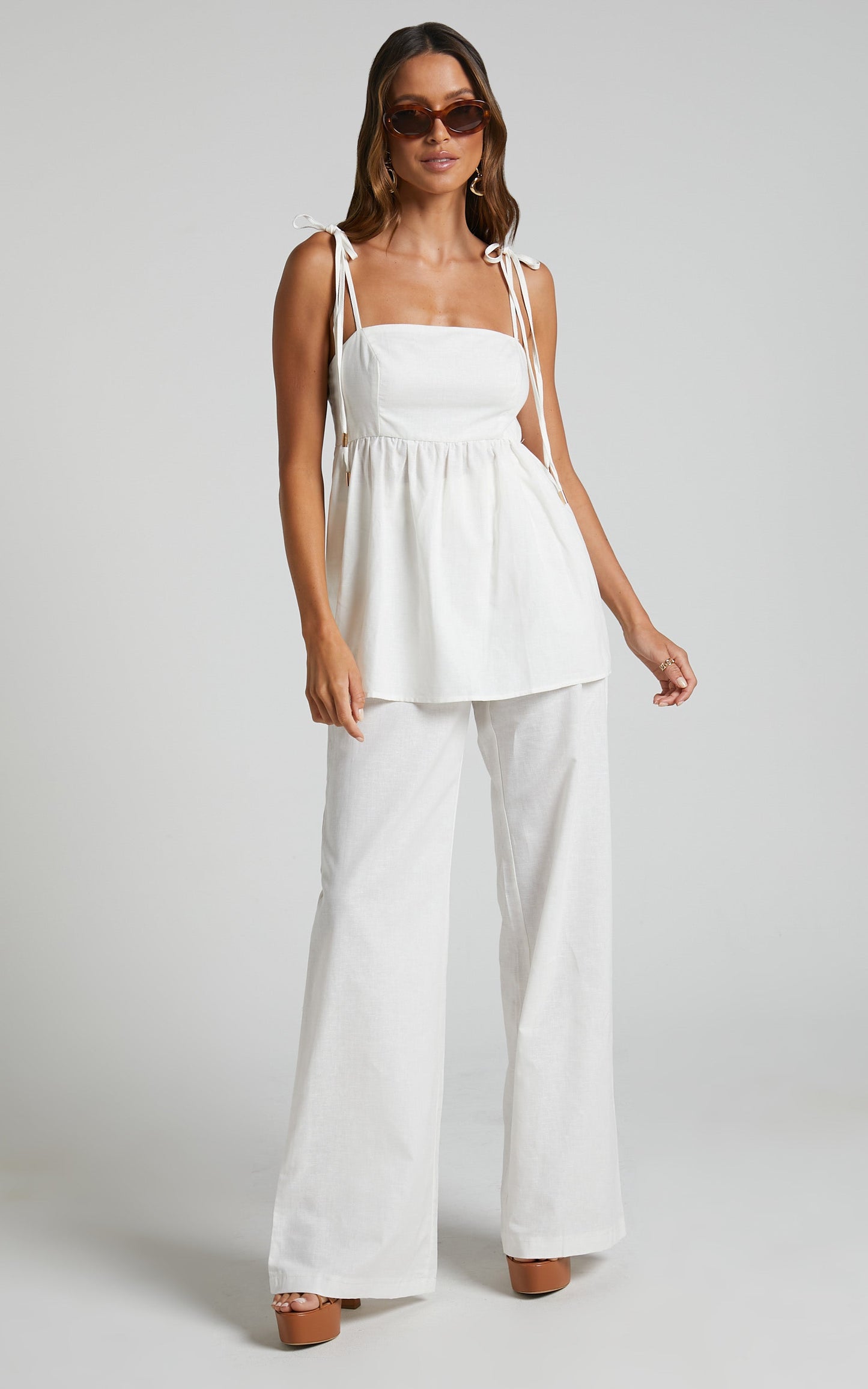 Amalie The Label - Ellah Linen Look Blend Tie Shoulder Peplum Top and Wide Leg Pants Two Piece Set in White