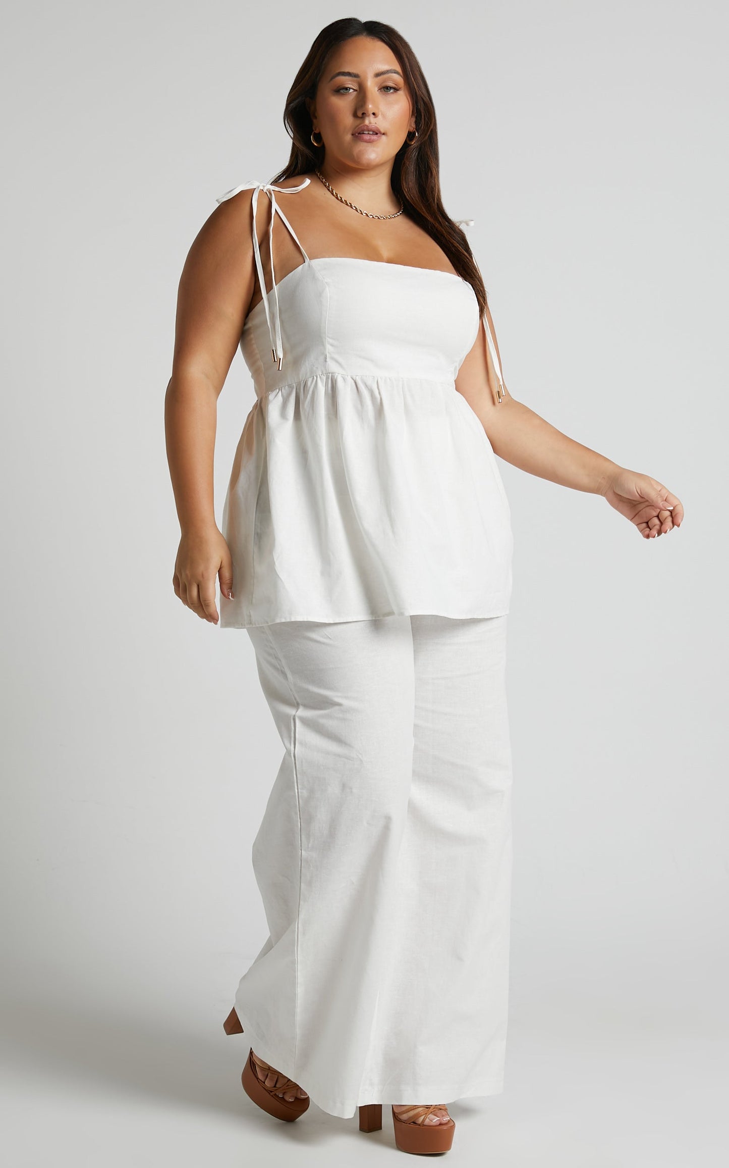 Amalie The Label - Ellah Linen Look Blend Tie Shoulder Peplum Top and Wide Leg Pants Two Piece Set in White