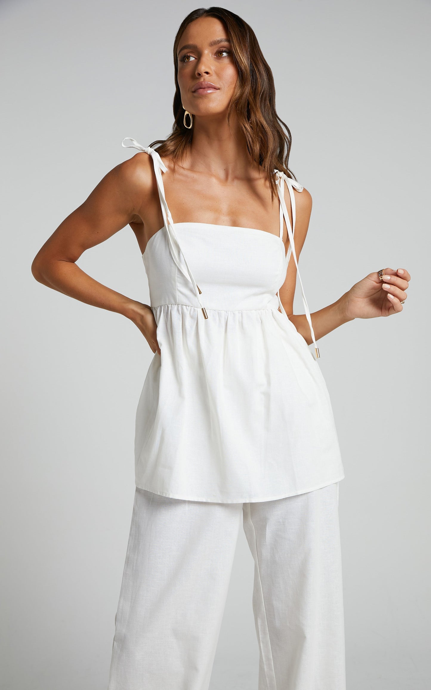 Amalie The Label - Ellah Linen Look Blend Tie Shoulder Peplum Top and Wide Leg Pants Two Piece Set in White