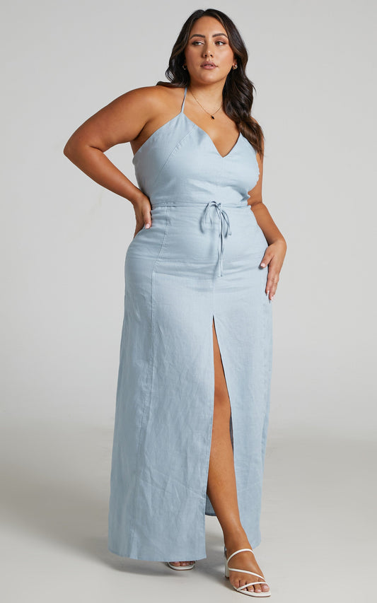 Amalie The Label - Elmiya Linen Open Back Halter Maxi Linen Dress in Dusty Blue