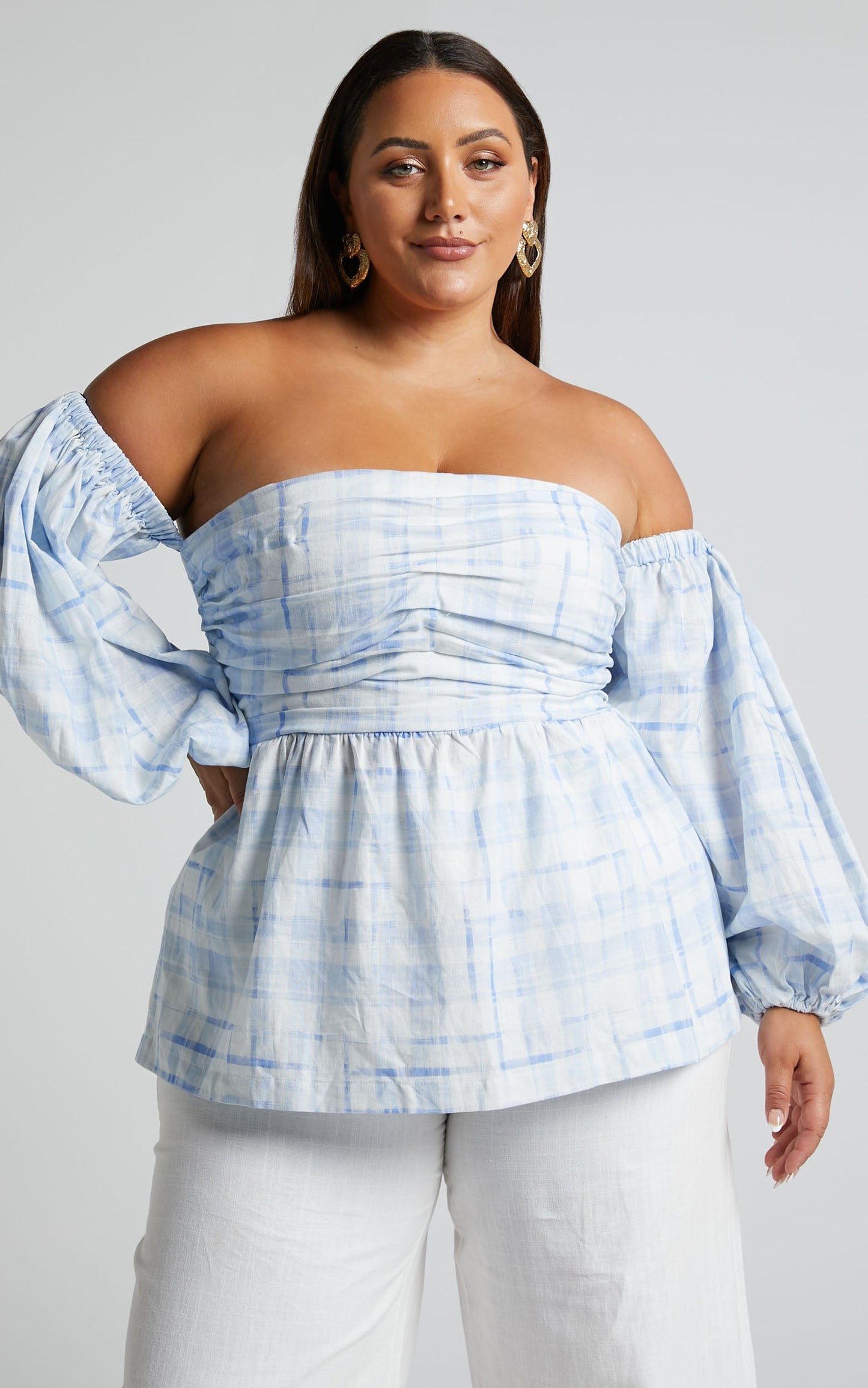 Amalie The Label - Emerita Linen Blend Off Shoulder Puff Sleeve Top in Chieti Check Blue