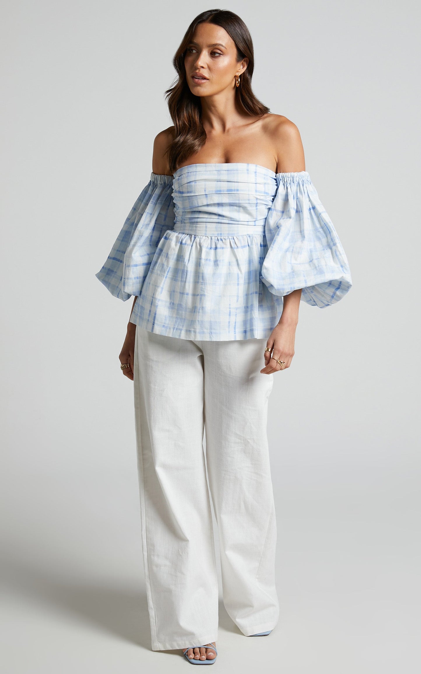 Amalie The Label - Emerita Linen Blend Off Shoulder Puff Sleeve Top in Chieti Check Blue
