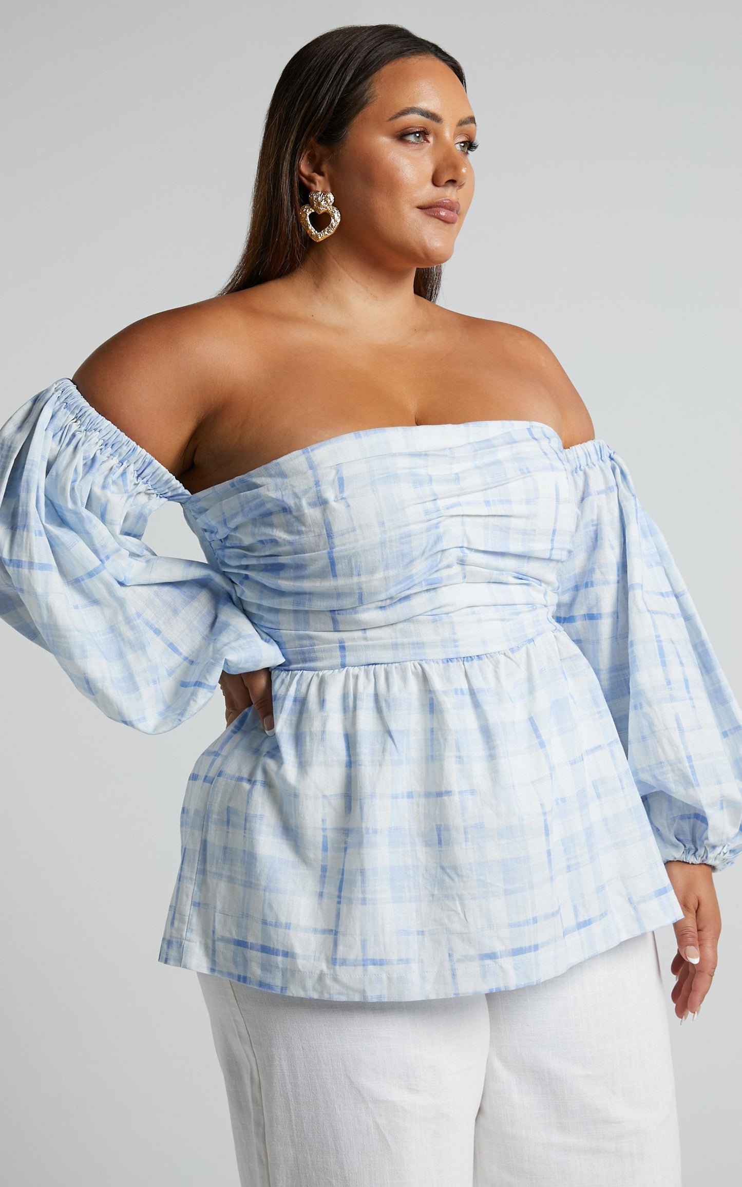 Amalie The Label - Emerita Linen Blend Off Shoulder Puff Sleeve Top in Chieti Check Blue