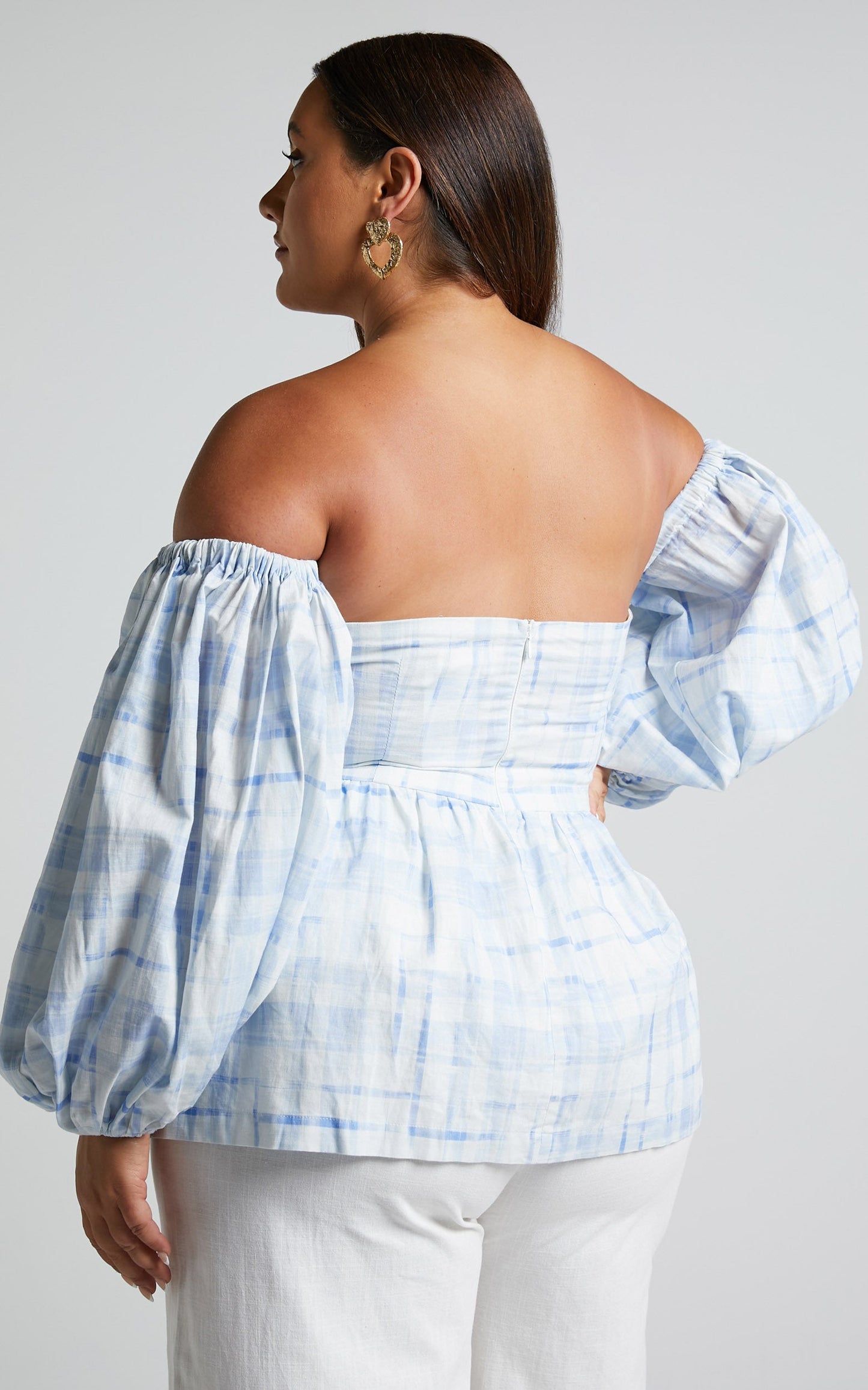 Amalie The Label - Emerita Linen Blend Off Shoulder Puff Sleeve Top in Chieti Check Blue
