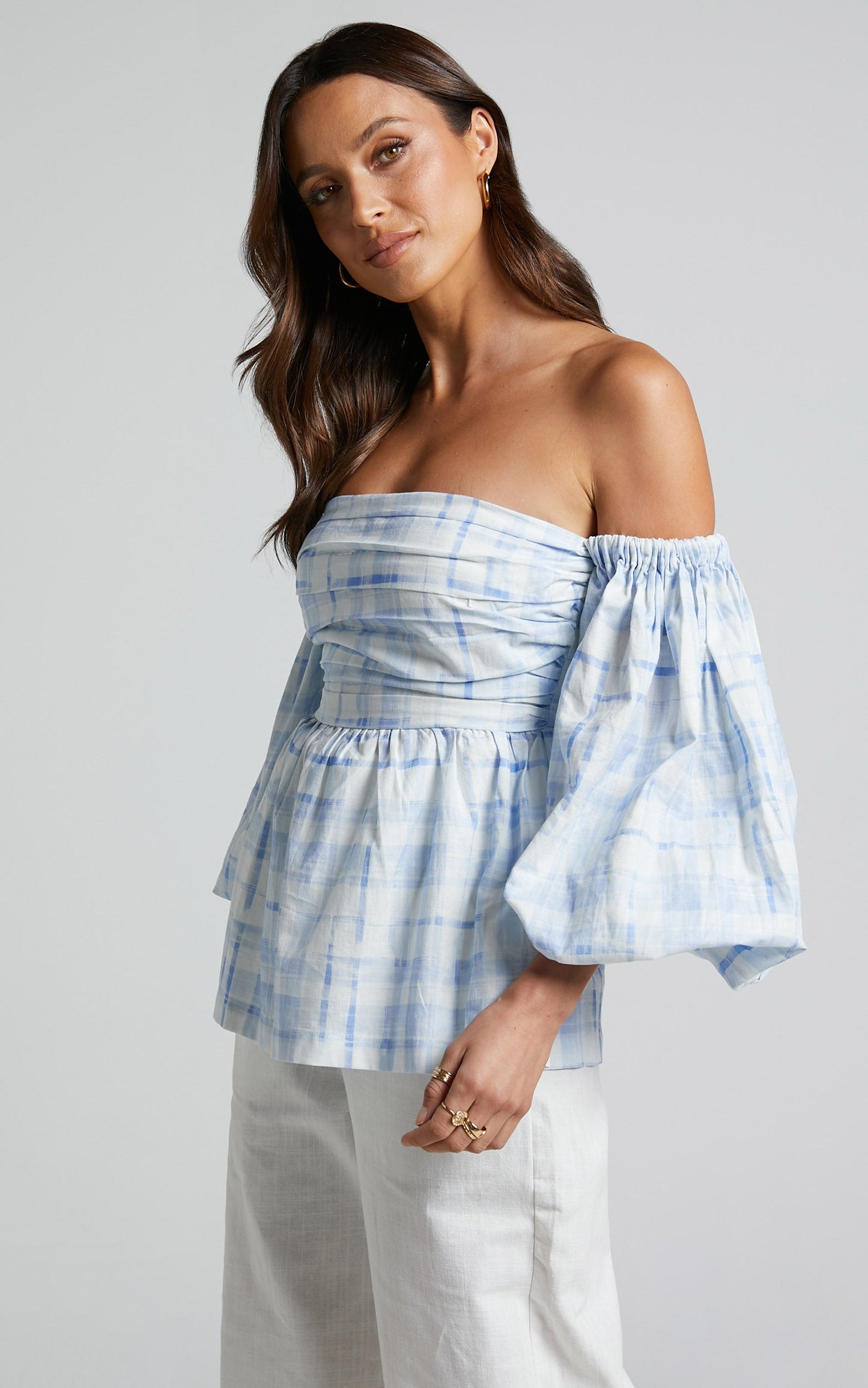 Amalie The Label - Emerita Linen Blend Off Shoulder Puff Sleeve Top in Chieti Check Blue