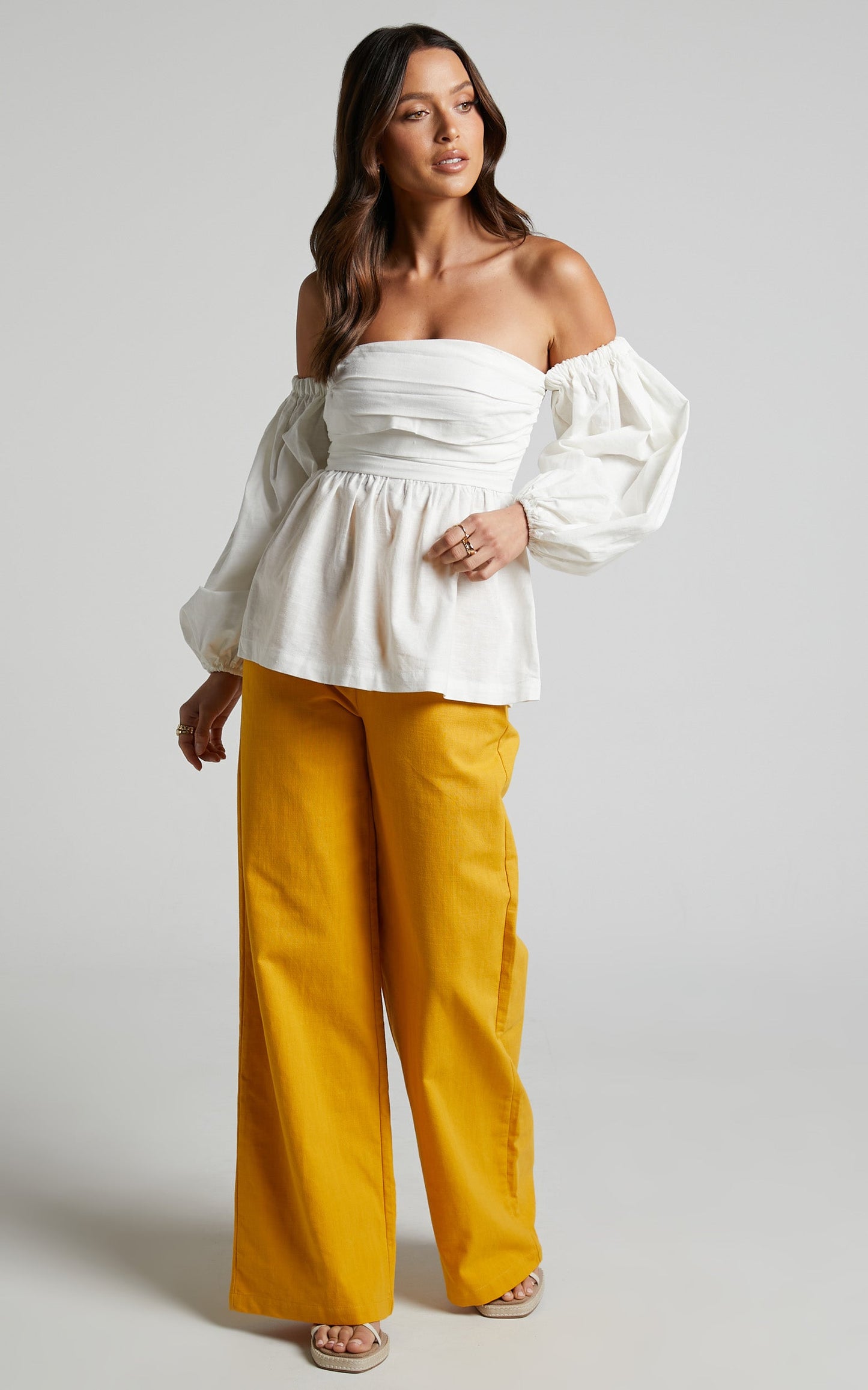 Amalie The Label - Emerita Linen Blend Off Shoulder Puff Sleeve Top in Warm White