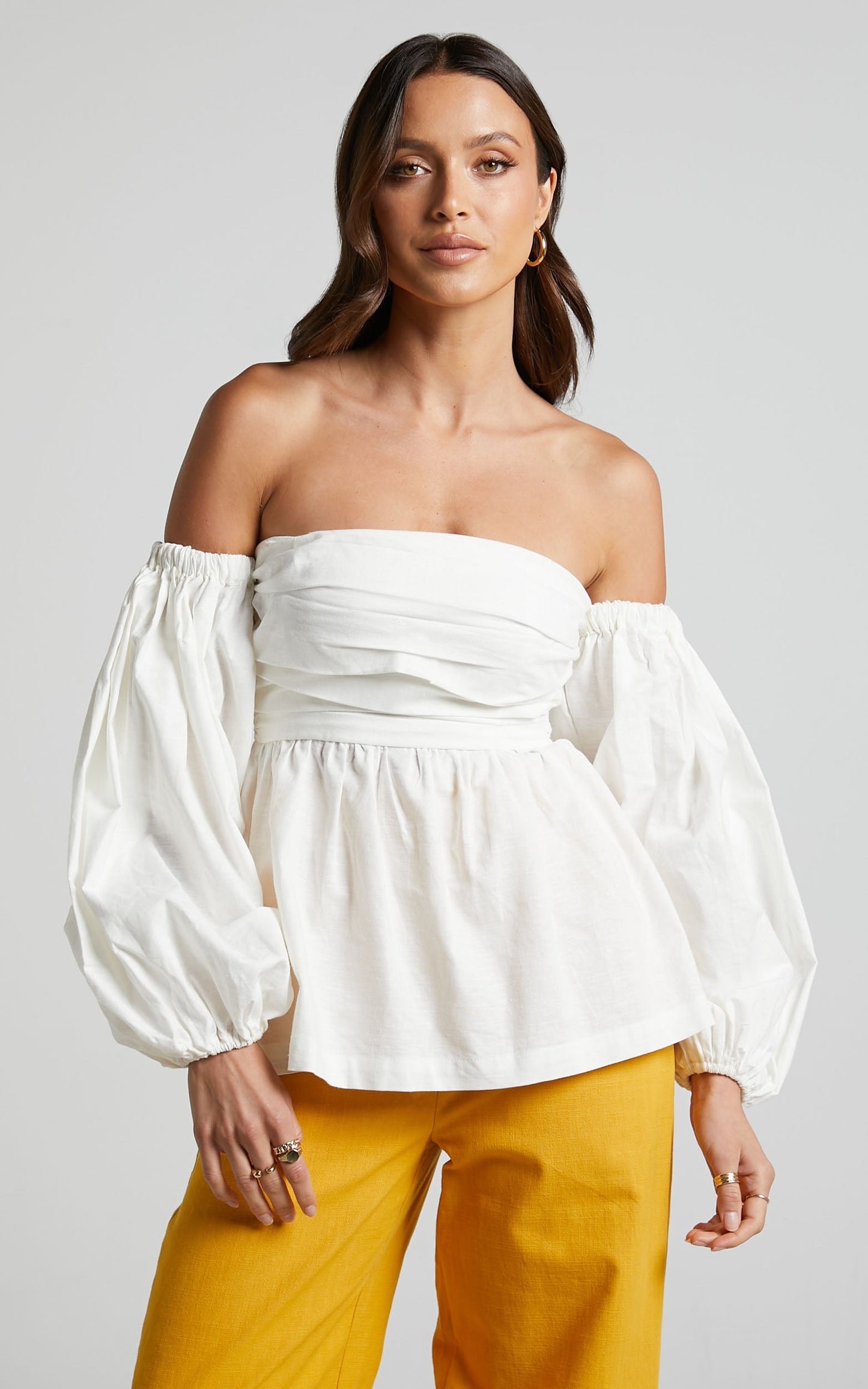 Amalie The Label - Emerita Linen Blend Off Shoulder Puff Sleeve Top in Warm White
