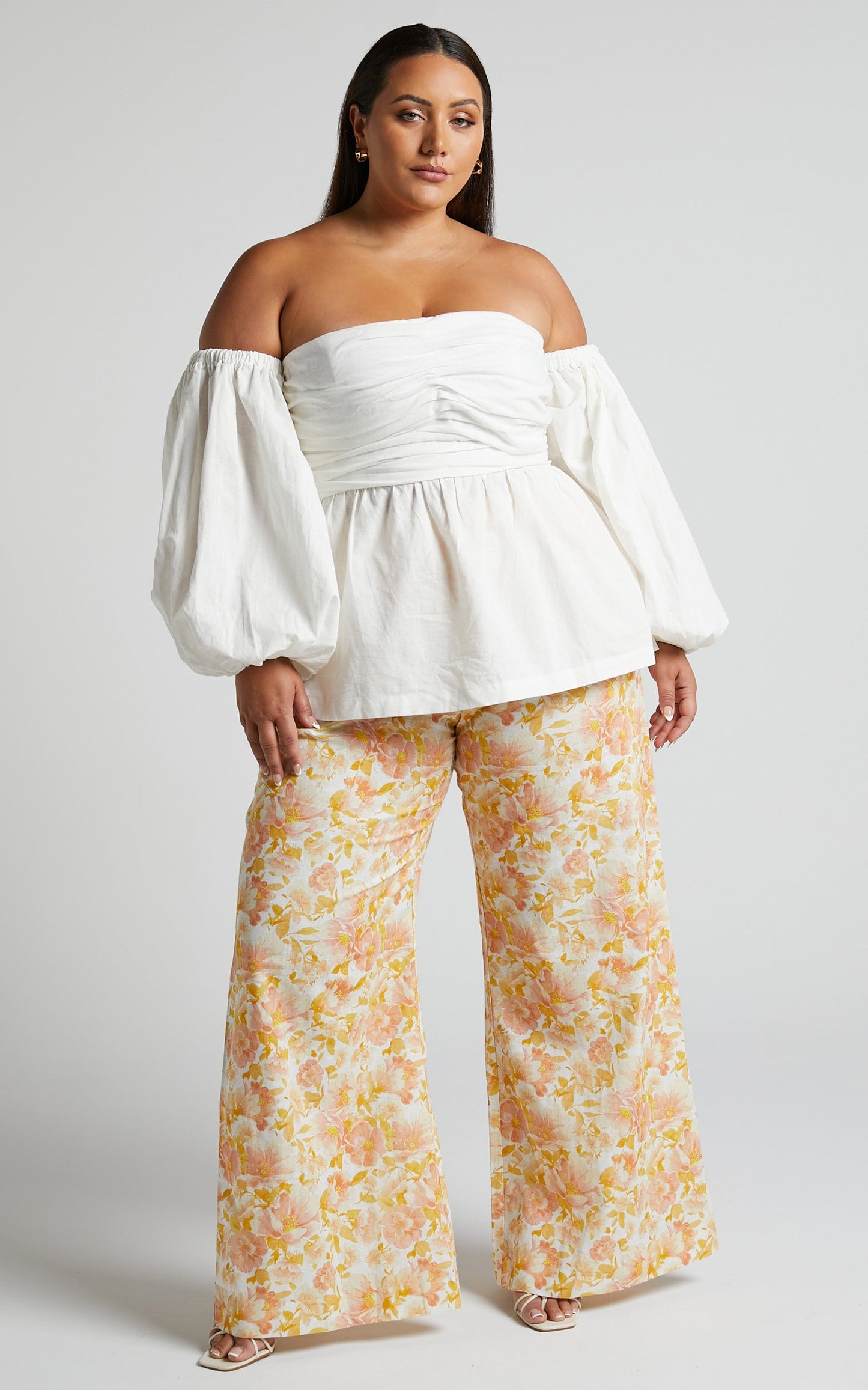 Amalie The Label - Emerita Linen Blend Off Shoulder Puff Sleeve Top in Warm White