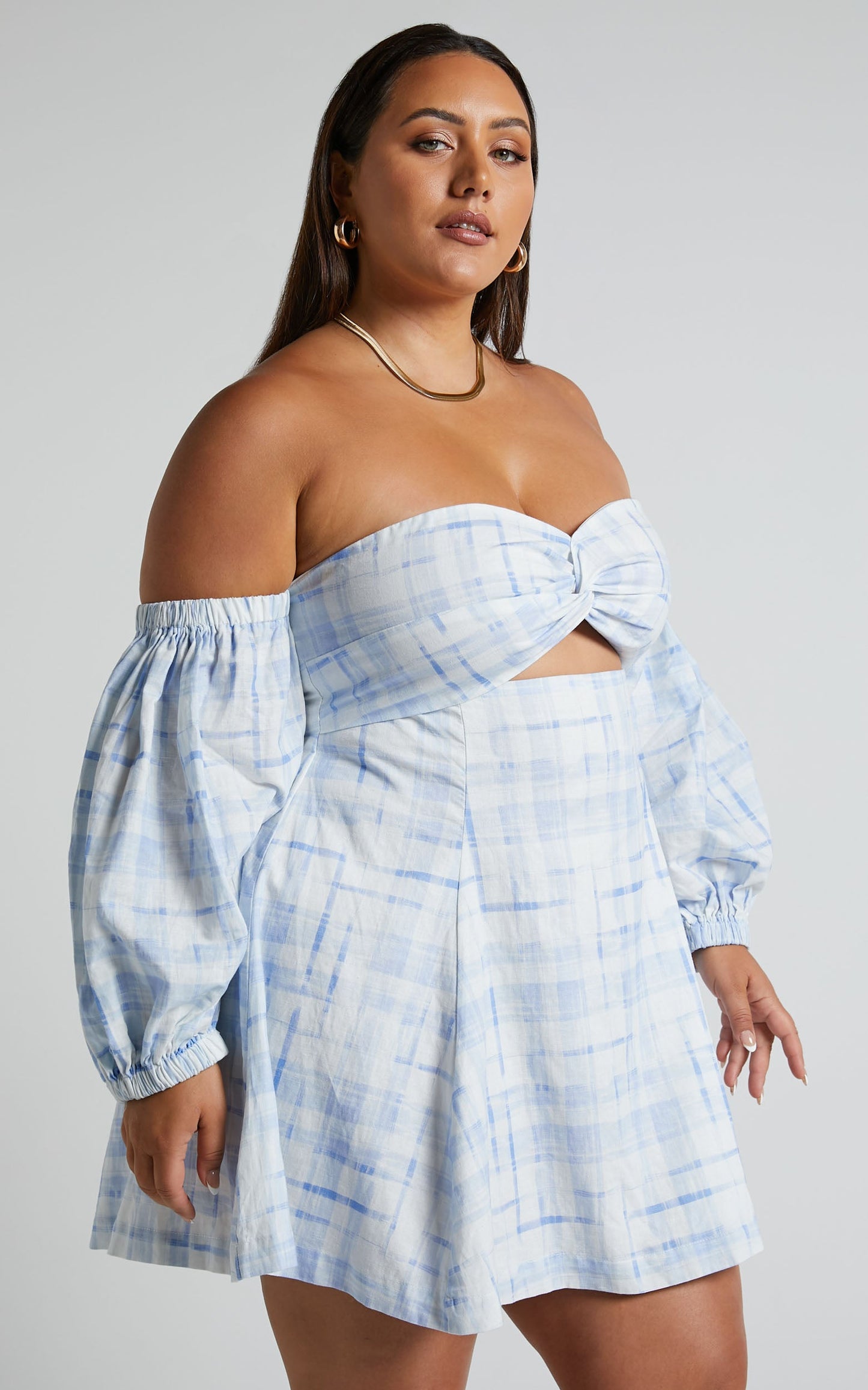 Amalie The Label - Emerita Linen Blend Off Shoulder Puff Sleeve Twist Mini Dress in Chieti Check Blue