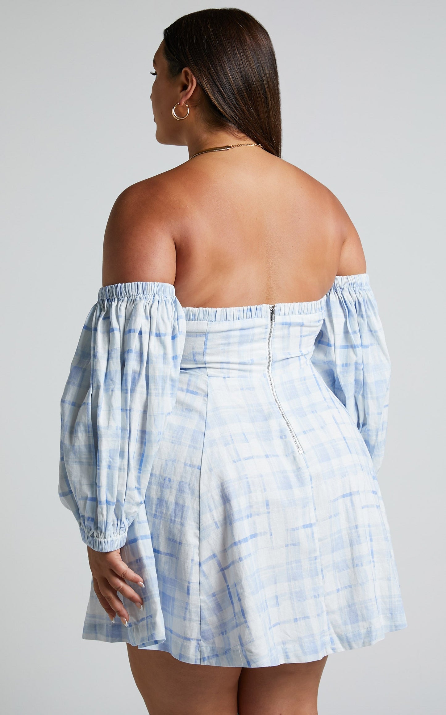Amalie The Label - Emerita Linen Blend Off Shoulder Puff Sleeve Twist Mini Dress in Chieti Check Blue