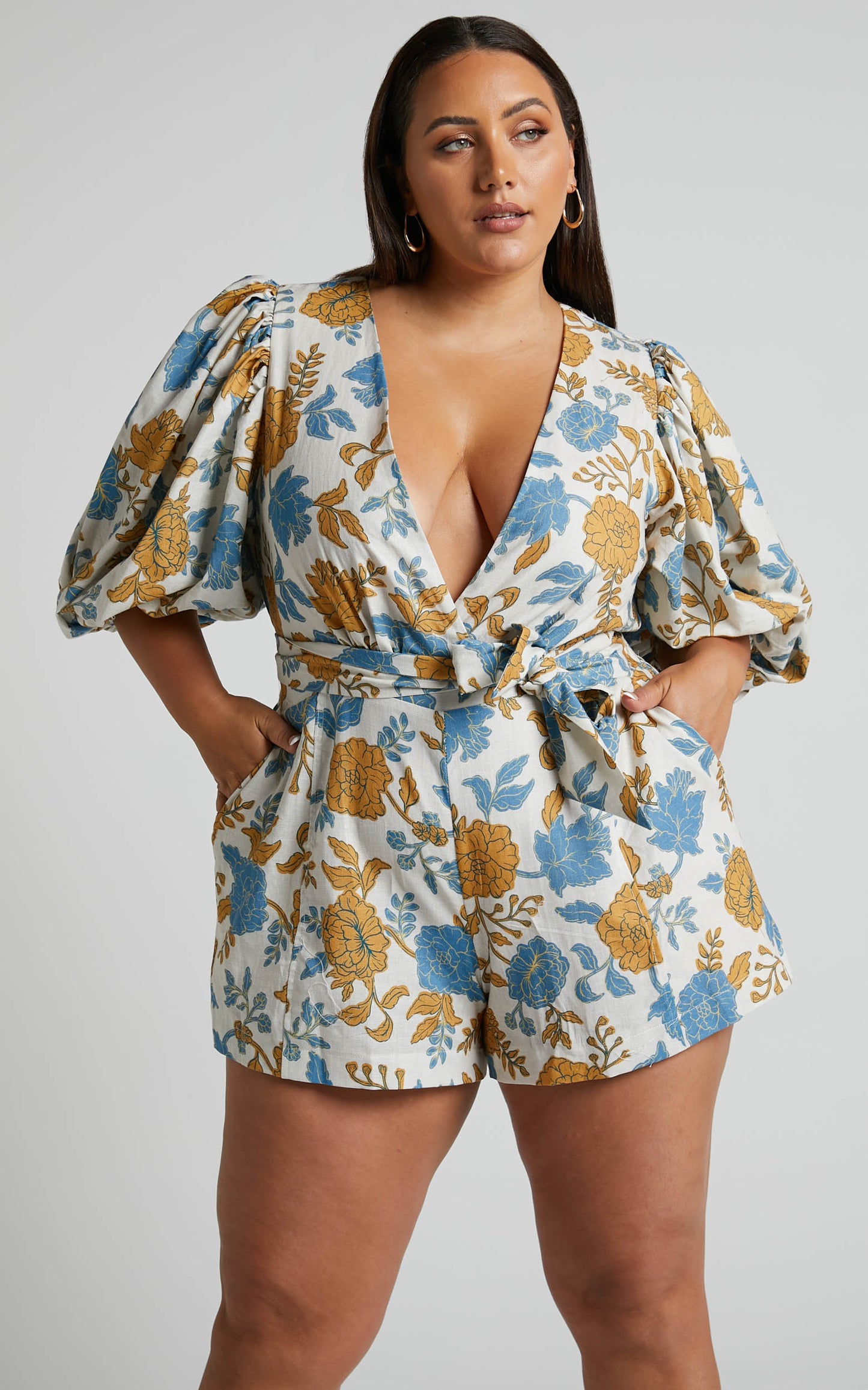Amalie The Label - Emerita Linen Blend Open Back Puff Sleeve Plunge Playsuit in Valencia Floral