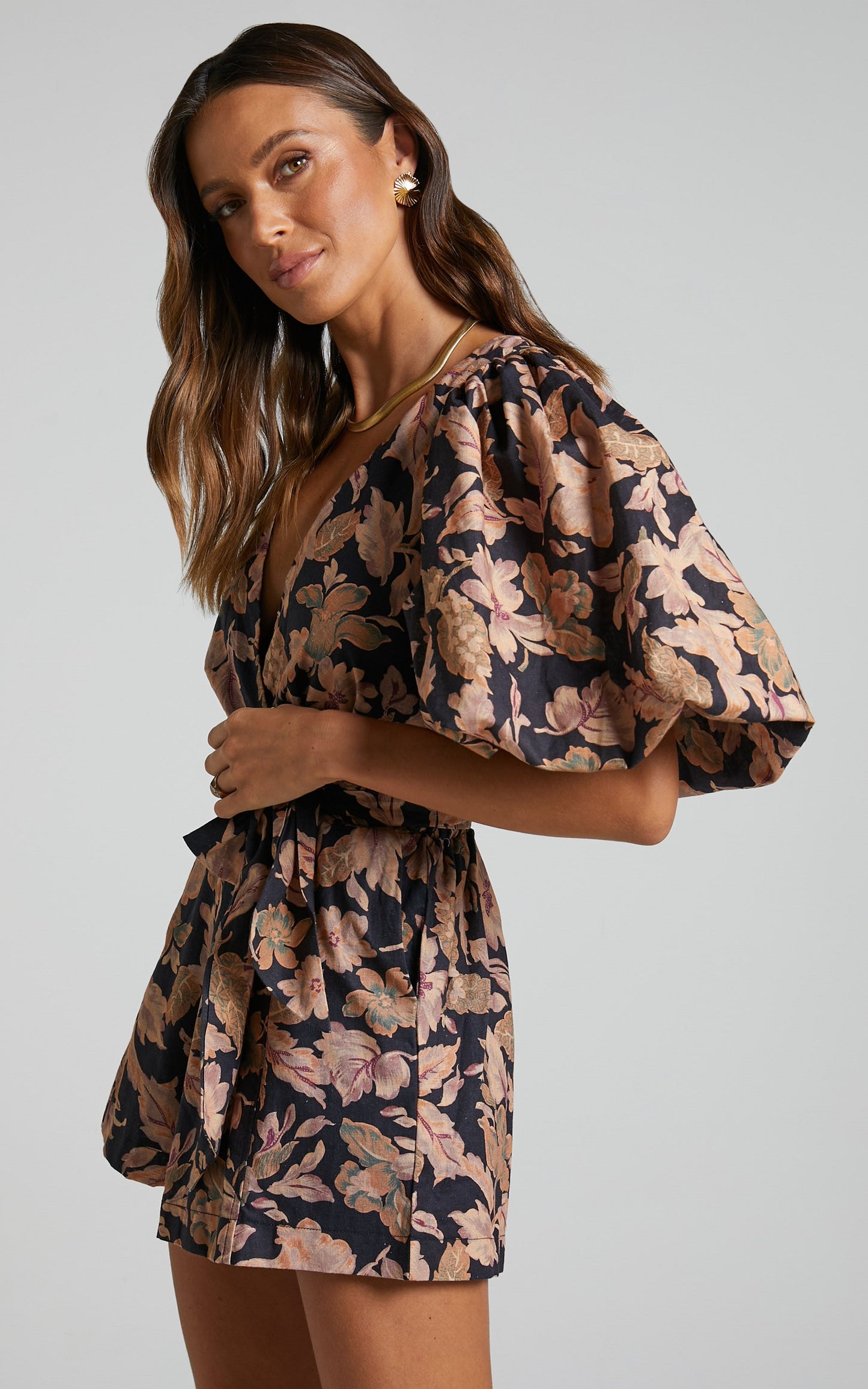 Amalie The Label - Emerita Linen Blend Open Back Puff Sleeve Plunge Playsuit in Kora Print