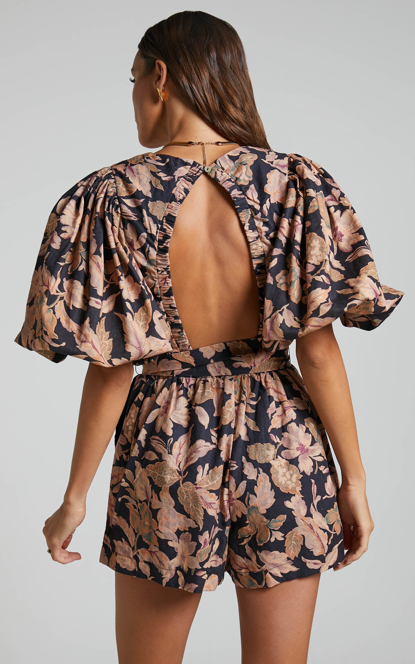 Amalie The Label - Emerita Linen Blend Open Back Puff Sleeve Plunge Playsuit in Kora Print