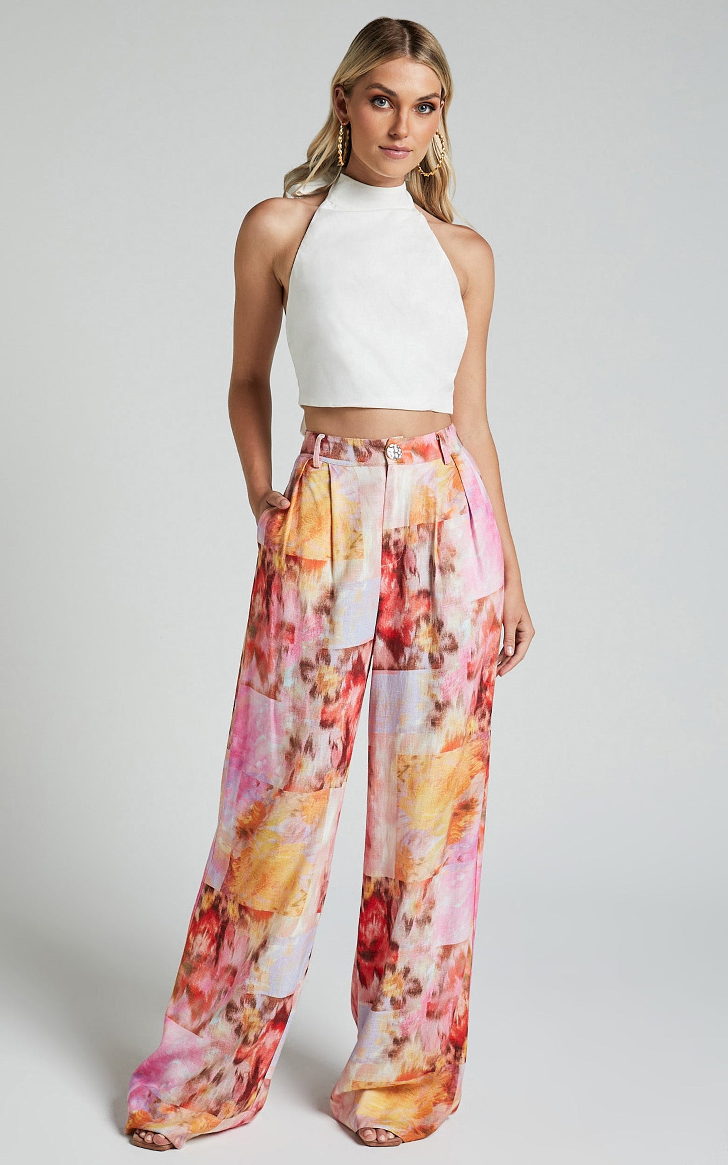Amalie The Label - Farley Linen Blend Halter Neck Crop Top in White