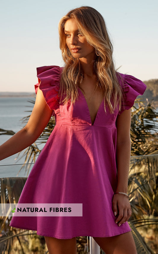 Amalie The Label - Linen Blend Frill Sleeve Baby Doll Dress in Wild Berry