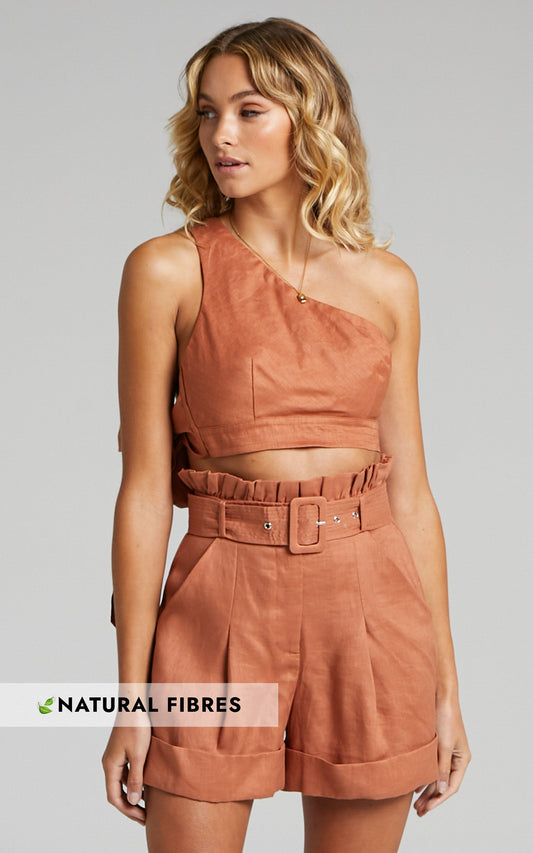 Amalie The Label - Georganna Linen Paper Bag Belted Linen Shorts in Rust