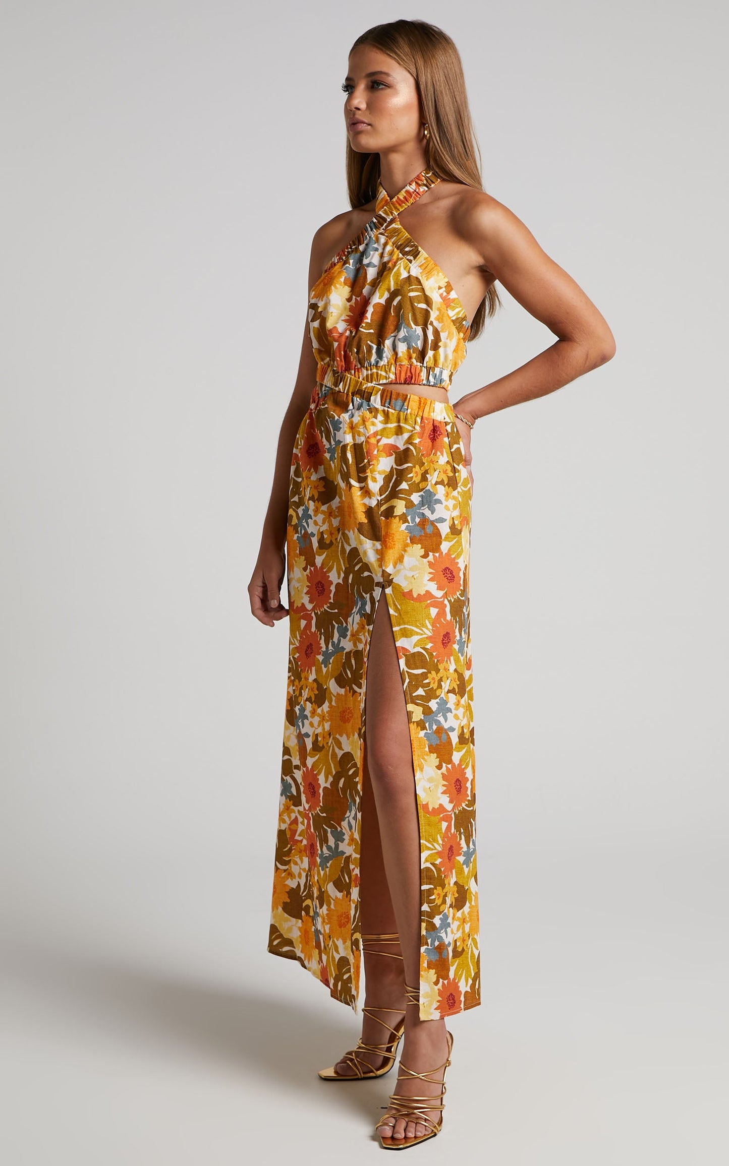 Amalie The Label - Linen Blend Halter Neck Cut Out Maxi Dress in Emerson Floral