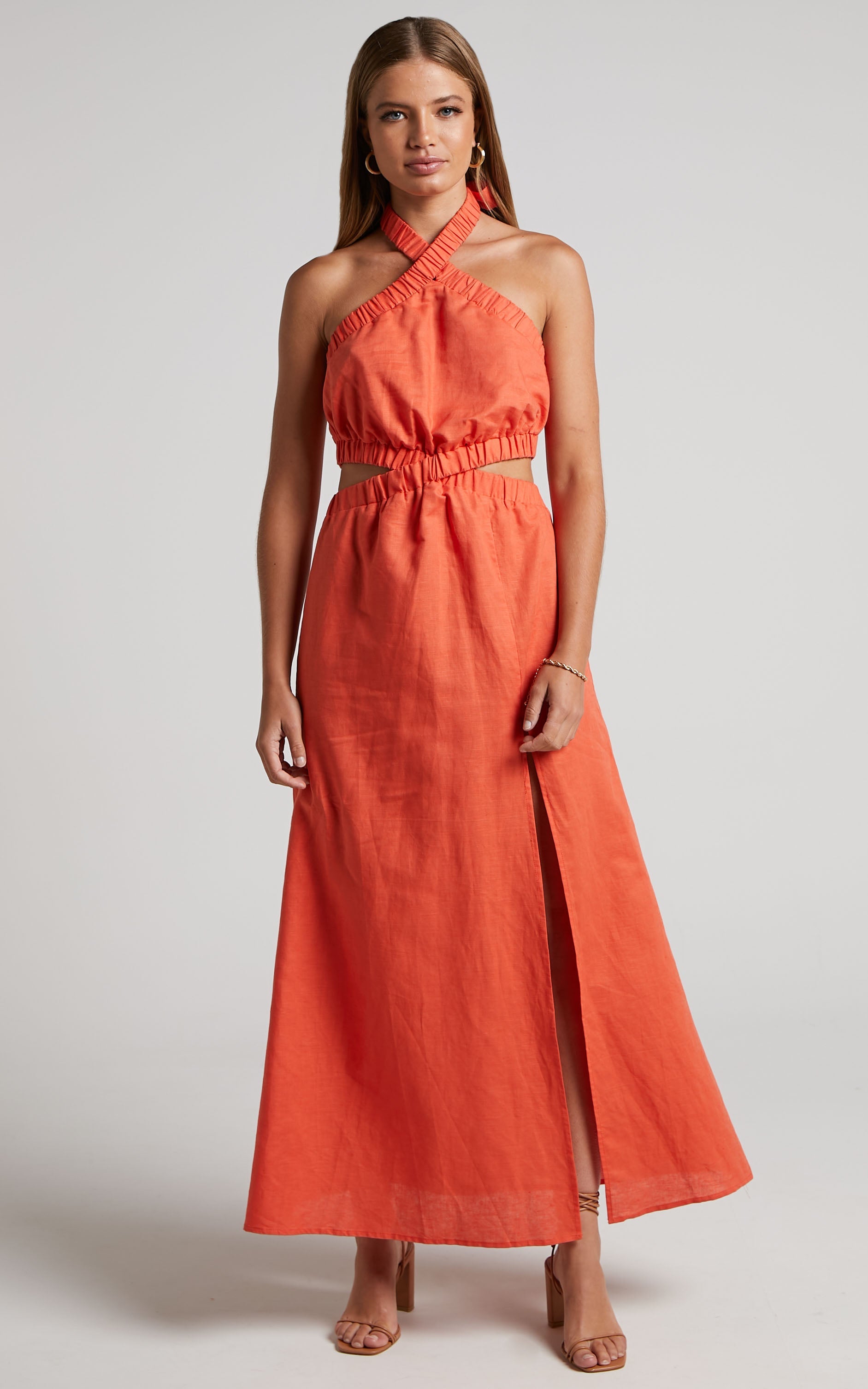Amalie The Label - Linen Blend Halter Neck Cut Out Maxi Dress in Orange Pop
