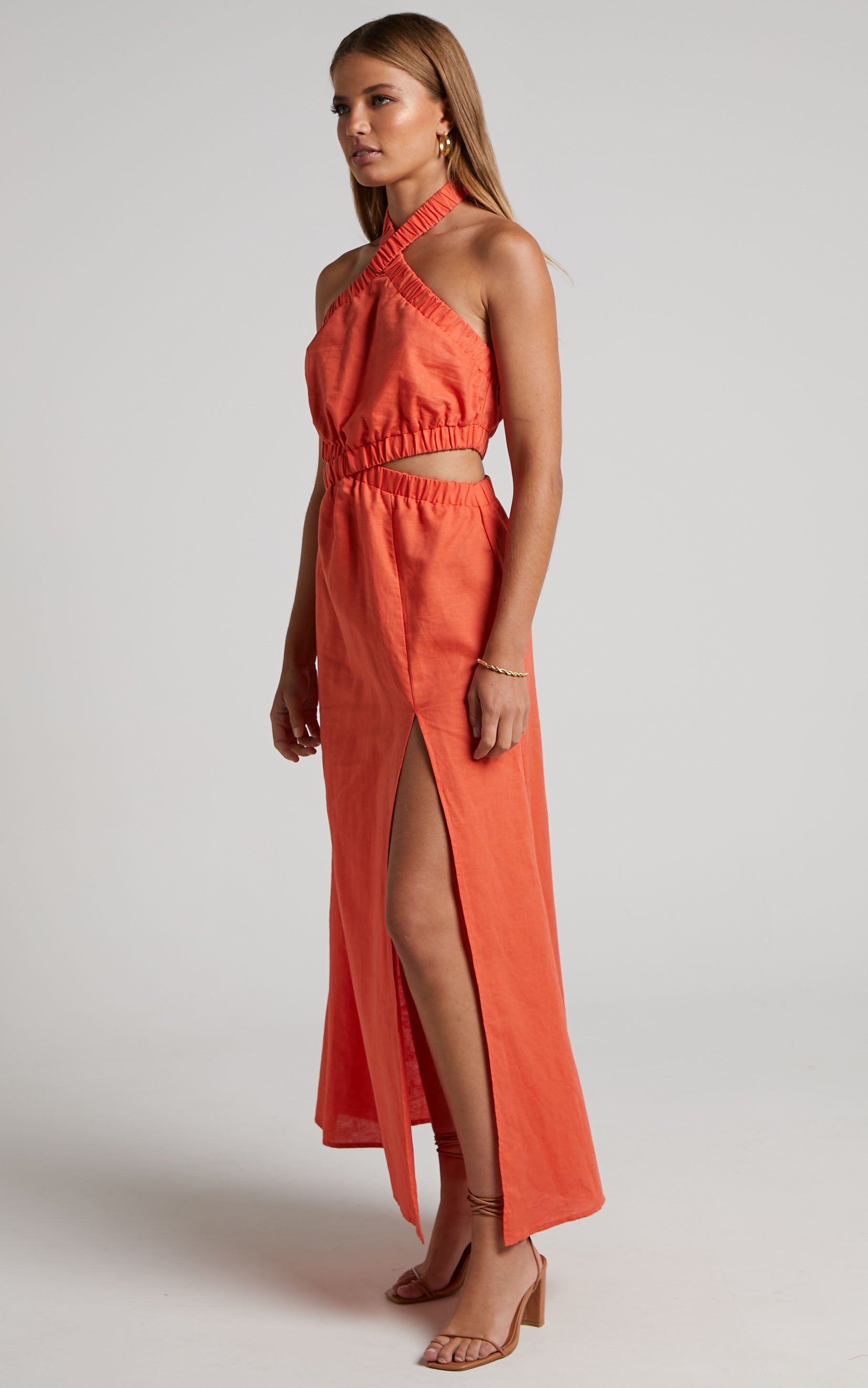 Amalie The Label - Linen Blend Halter Neck Cut Out Maxi Dress in Orange Pop