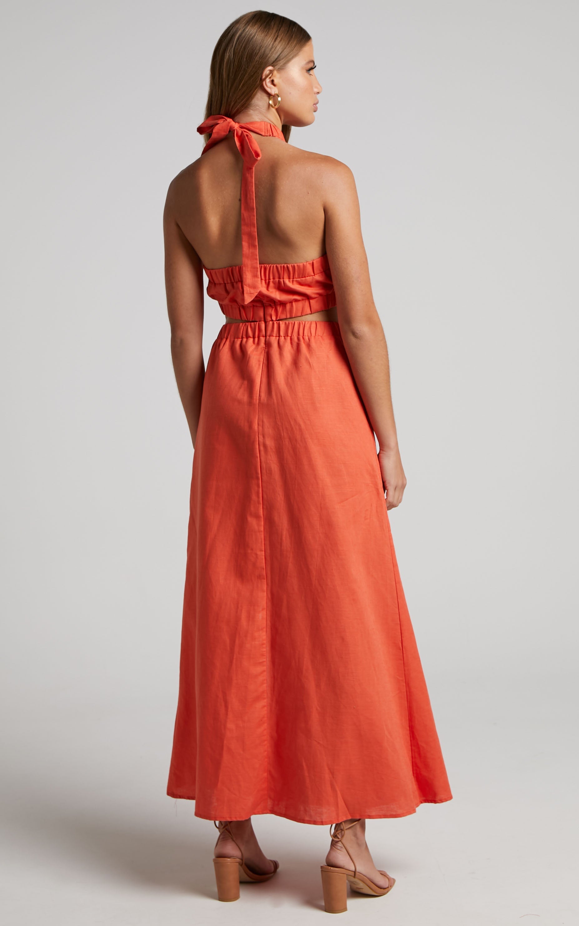 Amalie The Label - Linen Blend Halter Neck Cut Out Maxi Dress in Orange Pop