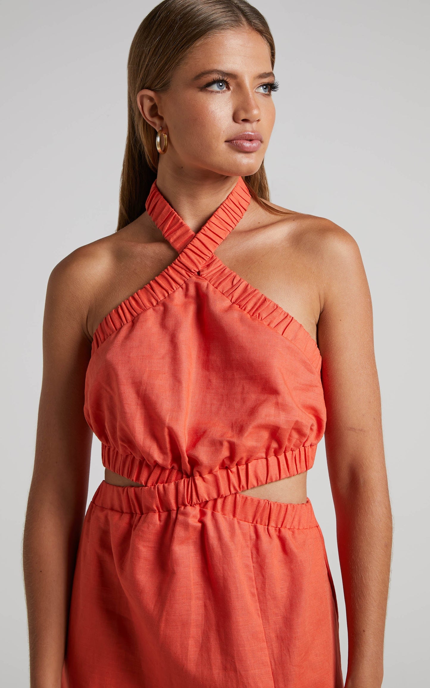 Amalie The Label - Linen Blend Halter Neck Cut Out Maxi Dress in Orange Pop