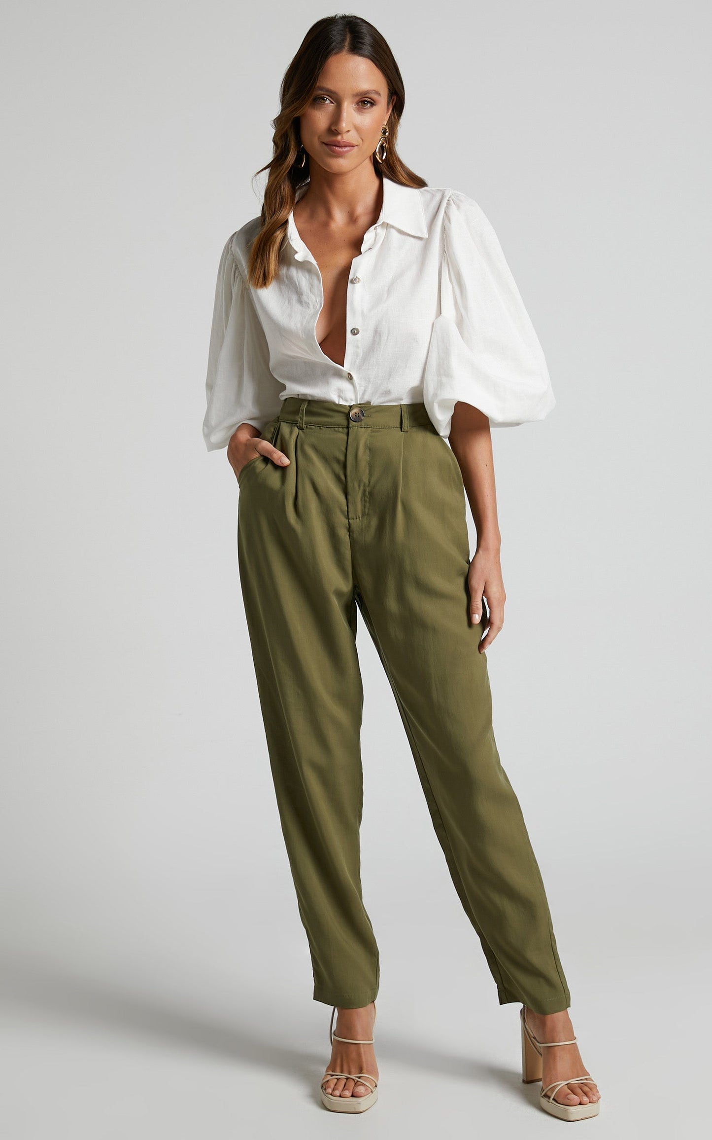 Amalie The Label - High Waisted Irina Tailored Tapered Pant in Khaki