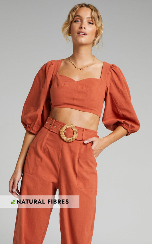 Amalie The Label - Ivy Linen Blend Cotton Puff Sleeve Open Tie Back Crop Top in Pink Clay