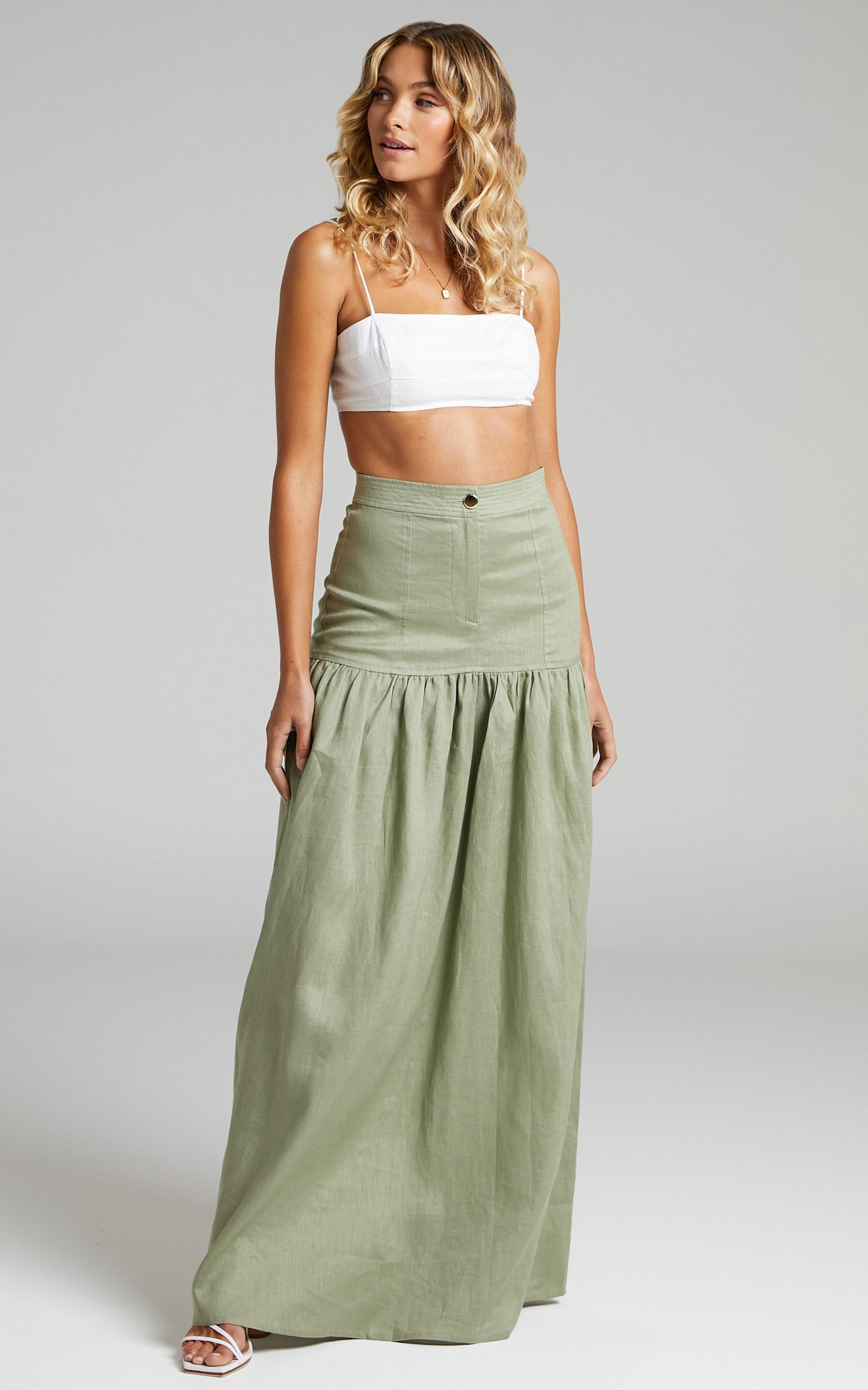 Amalie The Label - Ivy Linen Topstitched Drop Waist Maxi Linen Skirt in Khaki