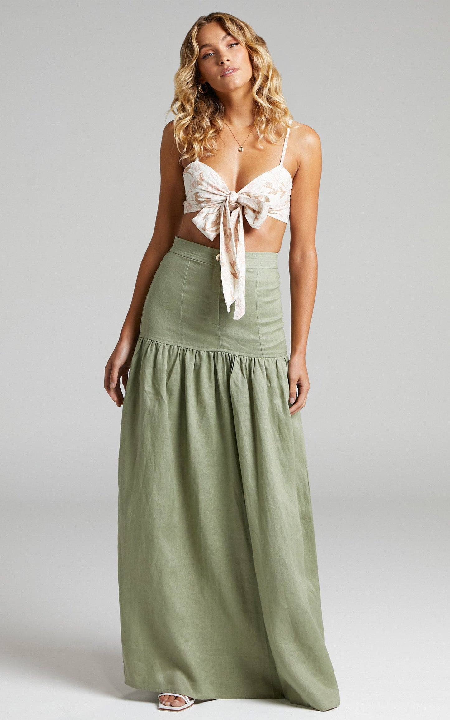 Amalie The Label - Ivy Linen Topstitched Drop Waist Maxi Linen Skirt in Khaki