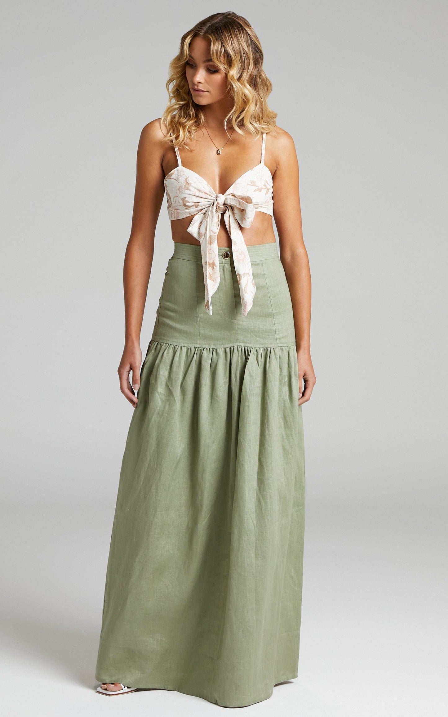 Amalie The Label - Ivy Linen Topstitched Drop Waist Maxi Linen Skirt in Khaki