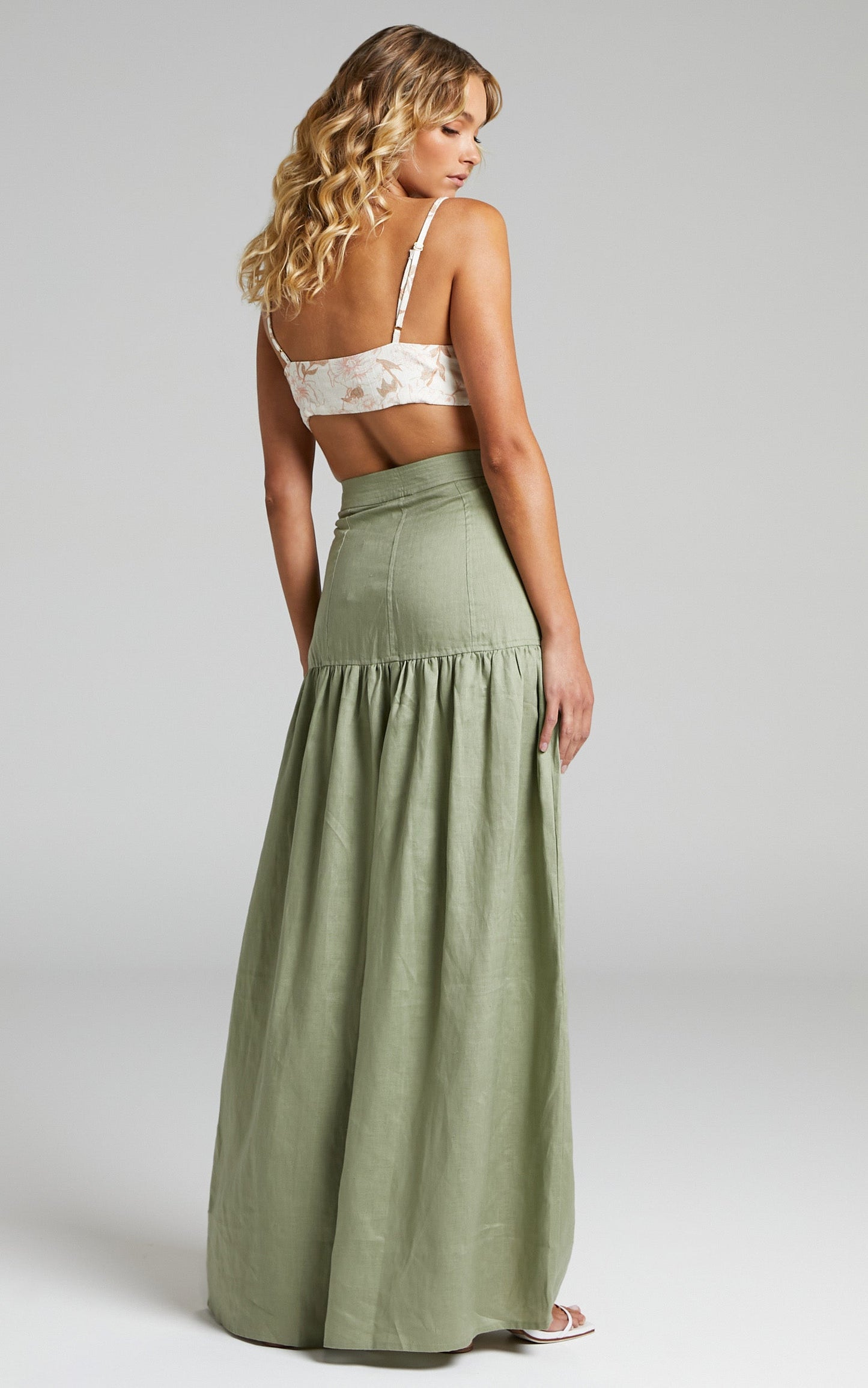Amalie The Label - Ivy Linen Topstitched Drop Waist Maxi Linen Skirt in Khaki