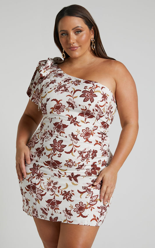 Amalie The Label - Janae Linen Blend Tie One Shoulder Back Cut Out Mini Dress in Luca Print