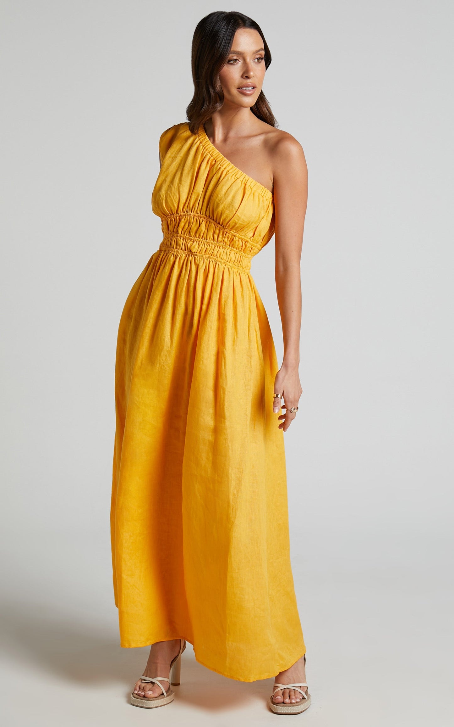 Amalie The Label - Khaila Linen One Shoulder Gathered Waist Maxi Linen Dress in Mango