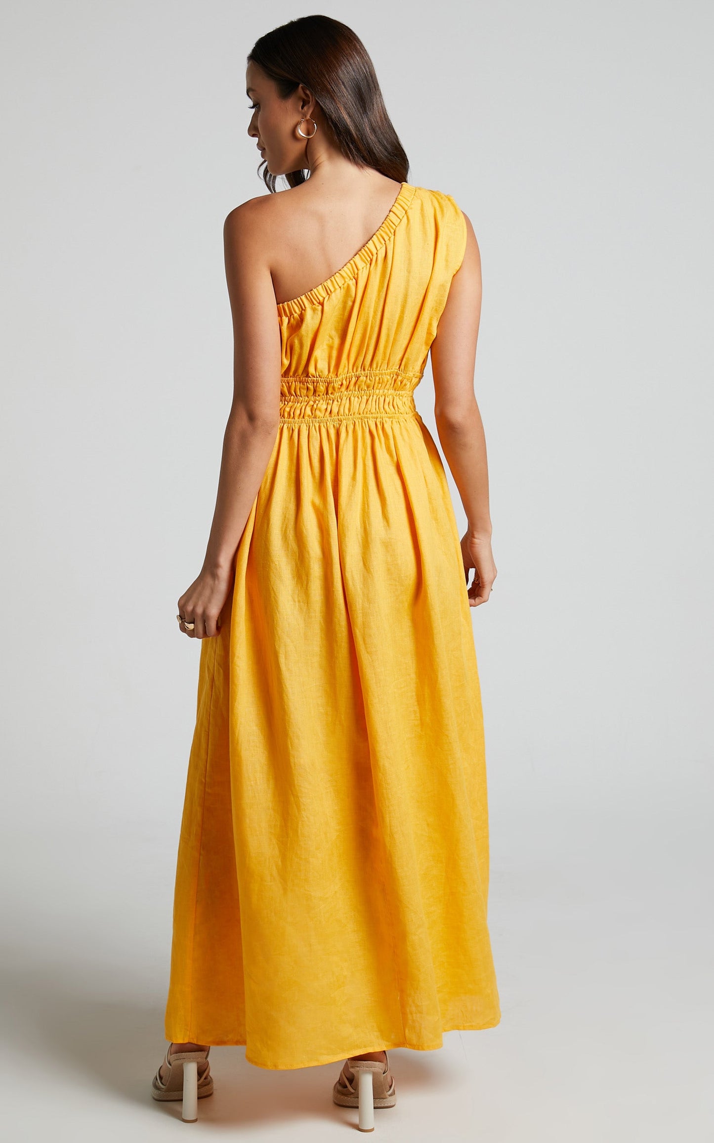 Amalie The Label - Khaila Linen One Shoulder Gathered Waist Maxi Linen Dress in Mango
