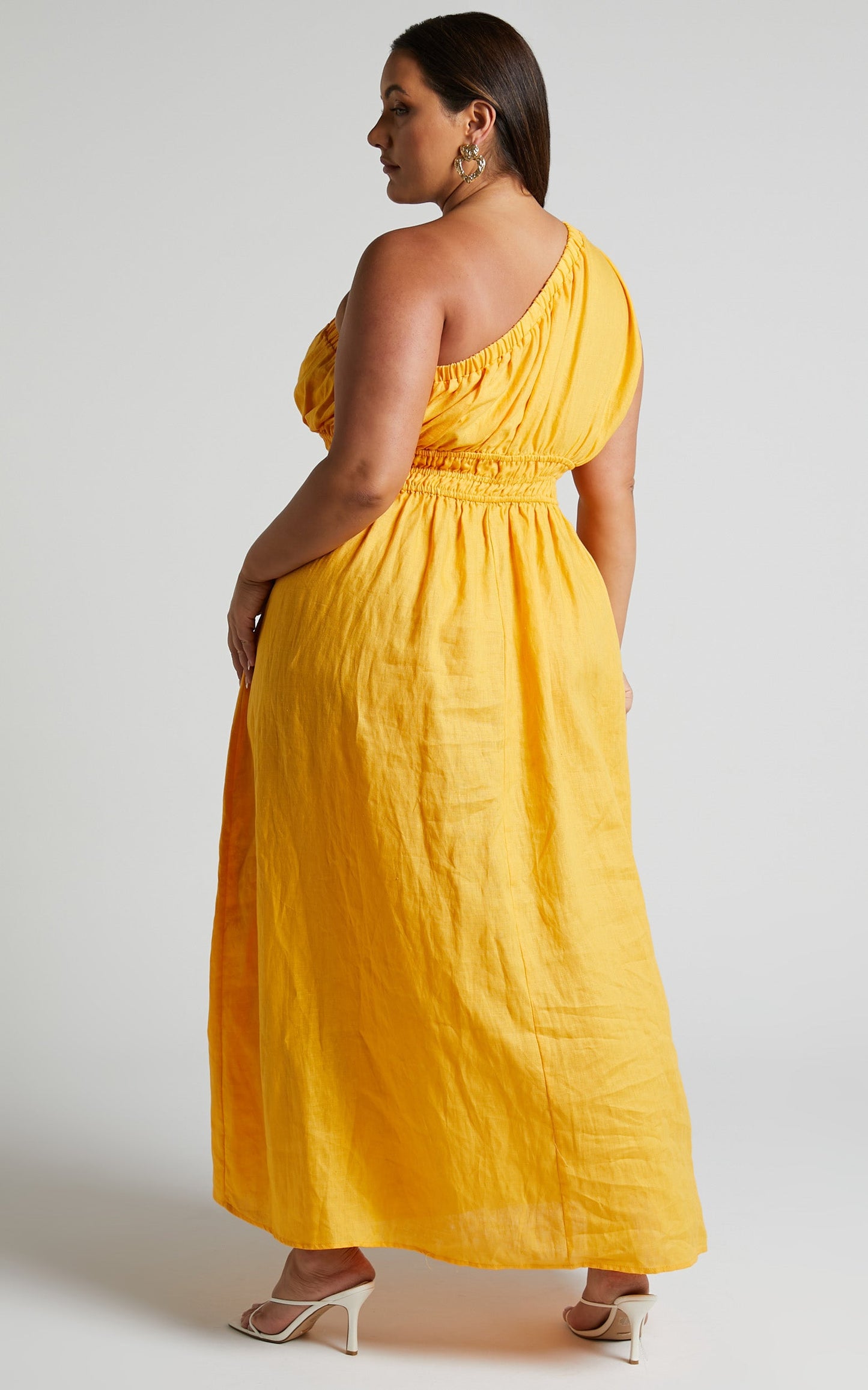 Amalie The Label - Khaila Linen One Shoulder Gathered Waist Maxi Linen Dress in Mango