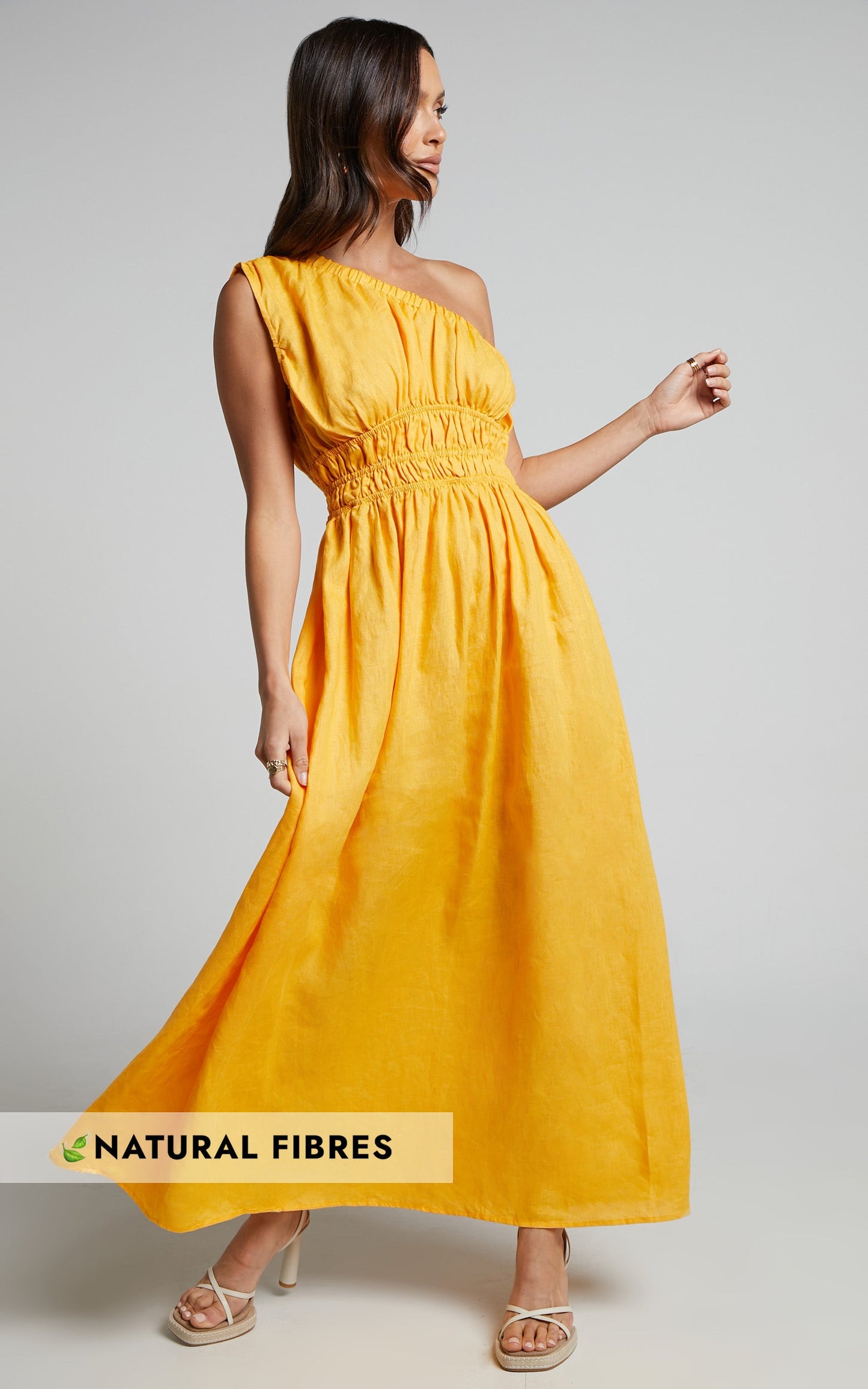 Amalie The Label - Khaila Linen One Shoulder Gathered Waist Maxi Linen Dress in Mango