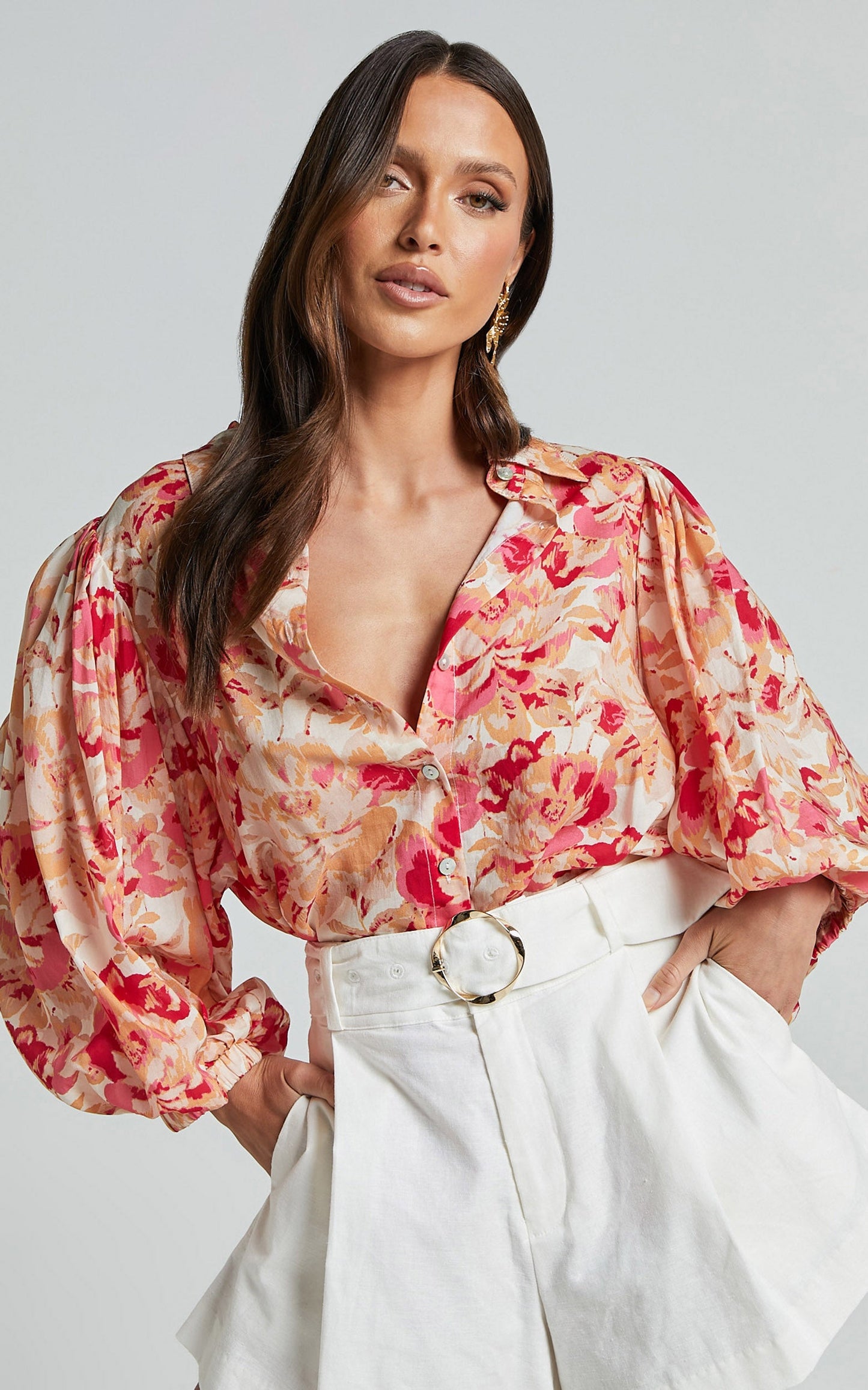Amalie The Label - Kimmella Linen Blend Puff Sleeve Shirt in Sienna Print