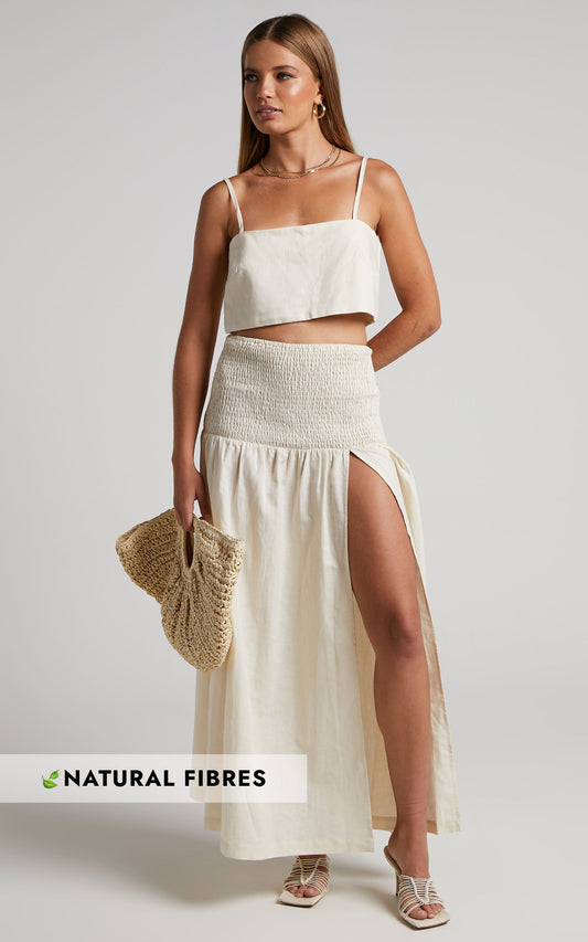 Amalie The Label - Koami Linen Blend Crop Top and Shirred Waist Maxi Skirt Two Piece Set in Oat