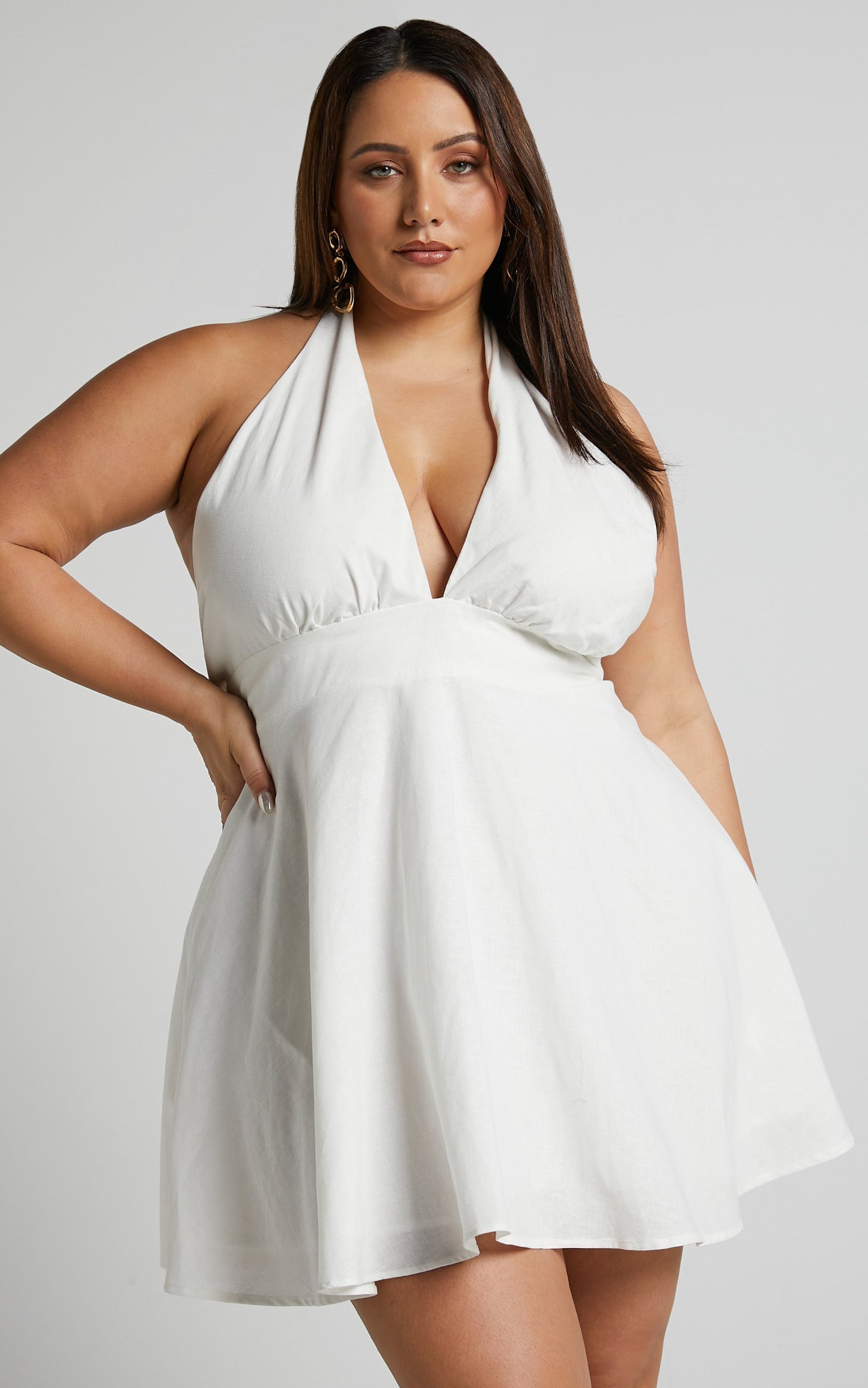 Amalie The Label - Leonila Linen Blend Halter Fit and Flare Mini Dress in White