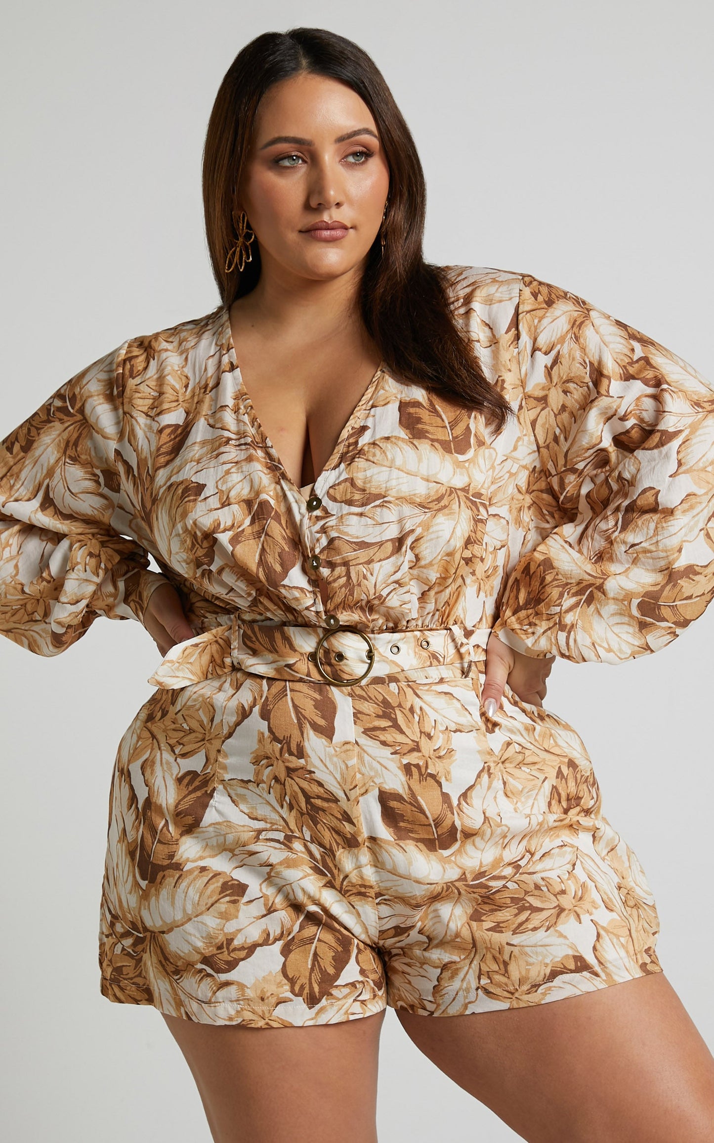 Amalie The Label - Lorete Linen Blend Belted Long Sleeve Playsuit in Frieja Print